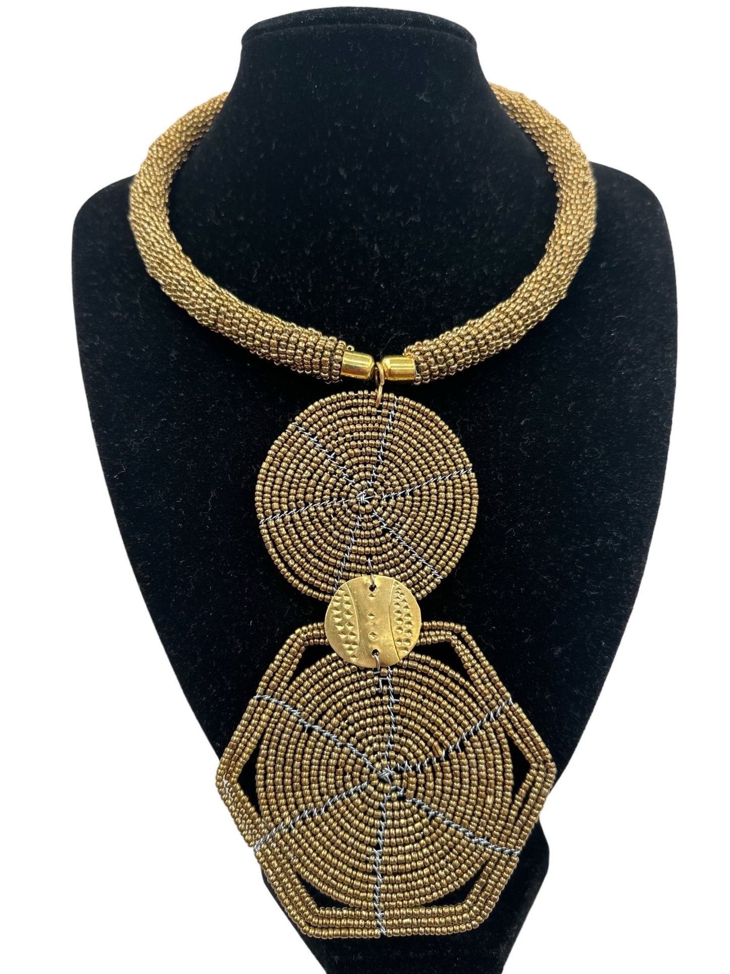 Authentic African Gold Beaded Disc Pendant Necklace - Fatisha Boutique