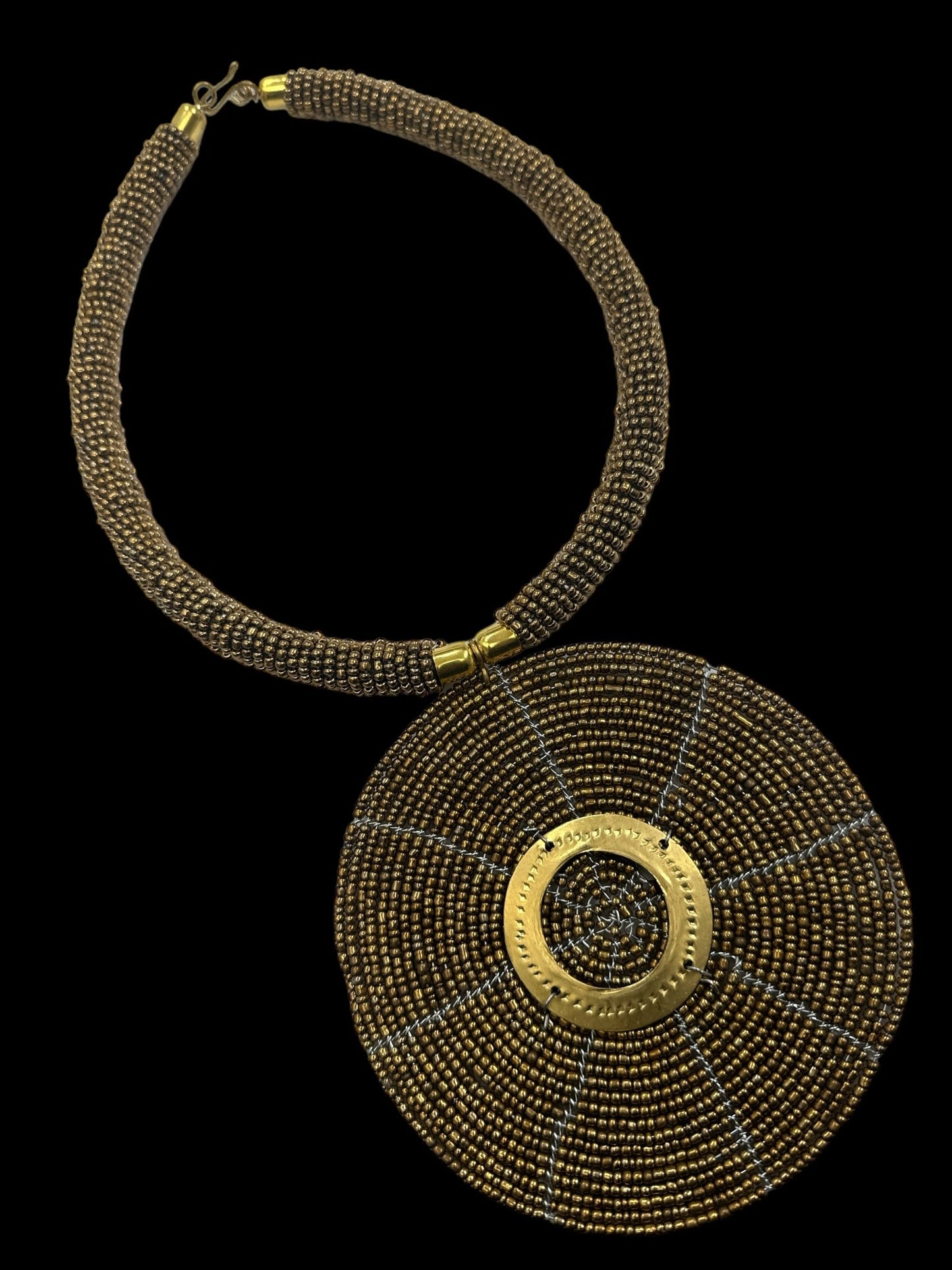 Authentic African Gold Beaded Large Disc Pendant Necklace - Fatisha Boutique