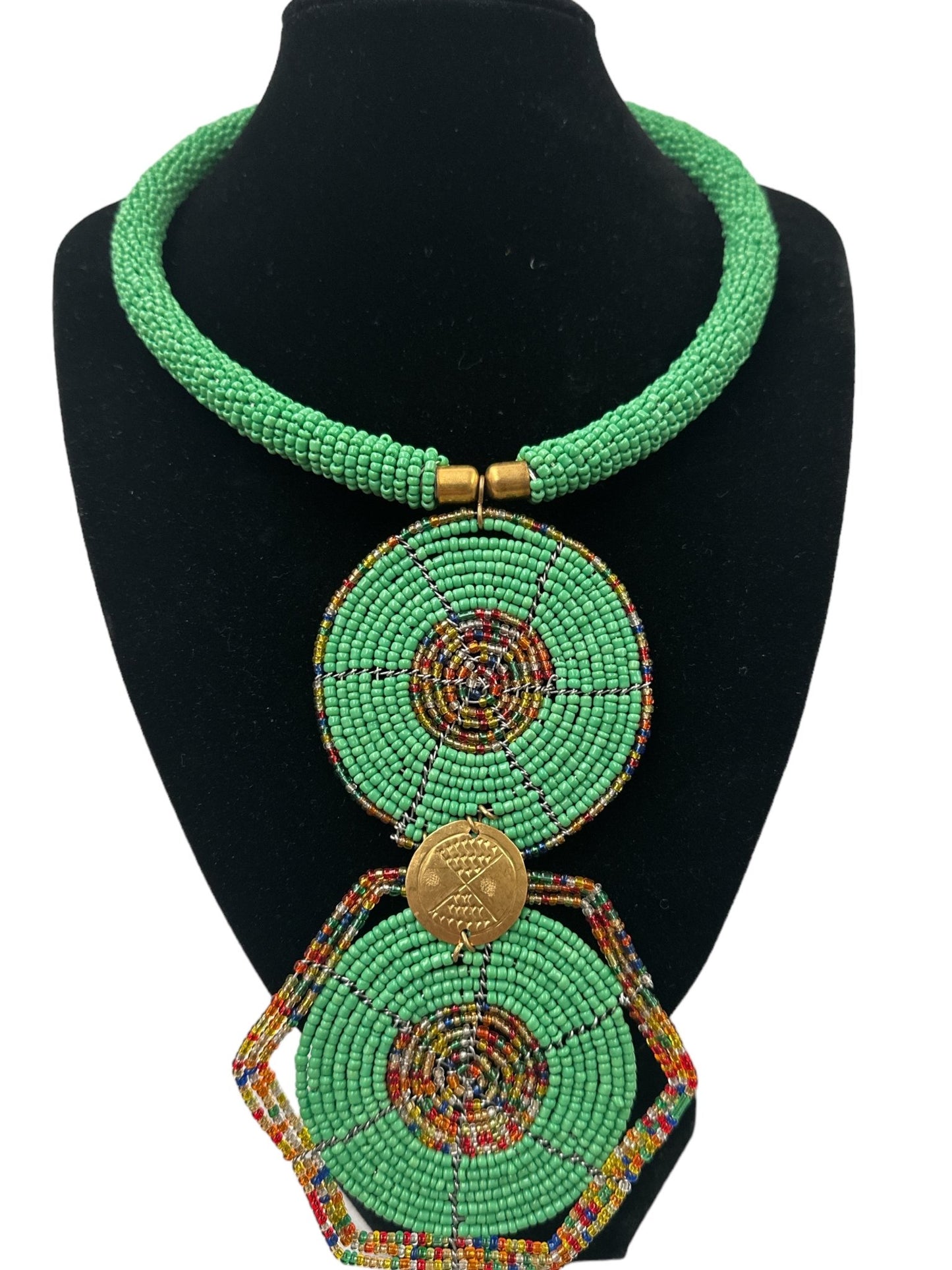 Authentic African Green Beaded Disc Pendant Necklace - Fatisha Boutique