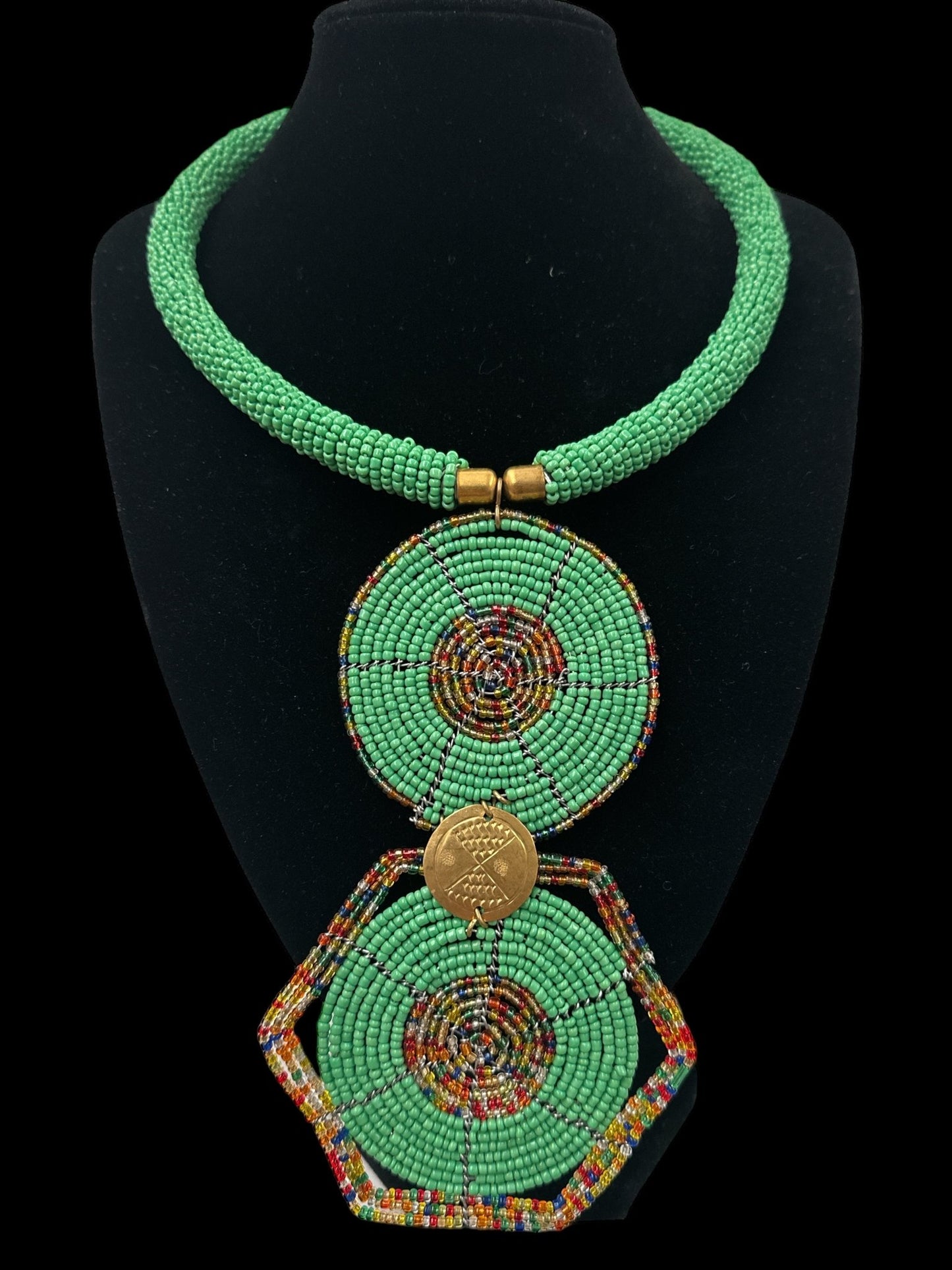 Authentic African Green Beaded Disc Pendant Necklace - Fatisha Boutique