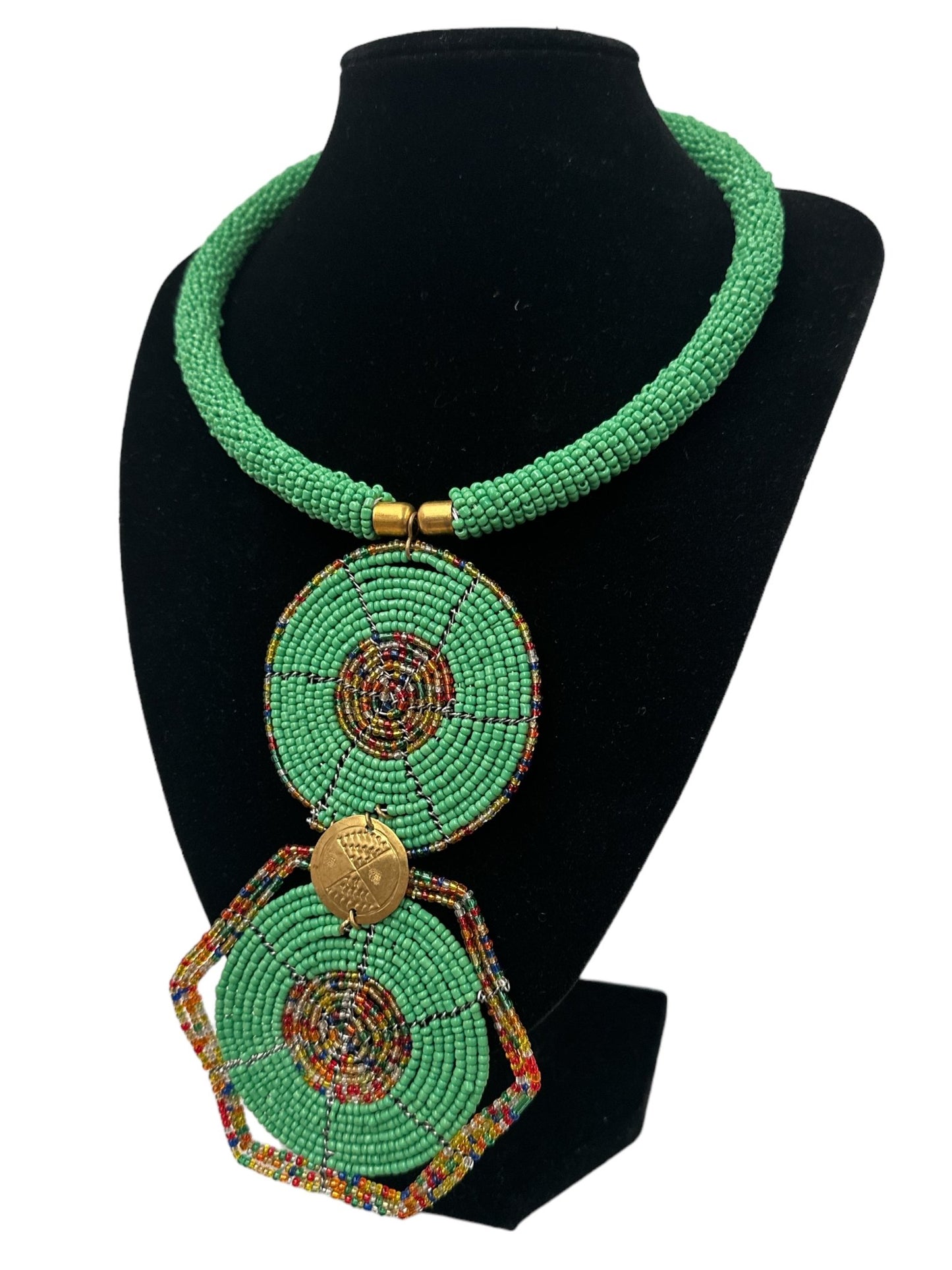 Authentic African Green Beaded Disc Pendant Necklace - Fatisha Boutique