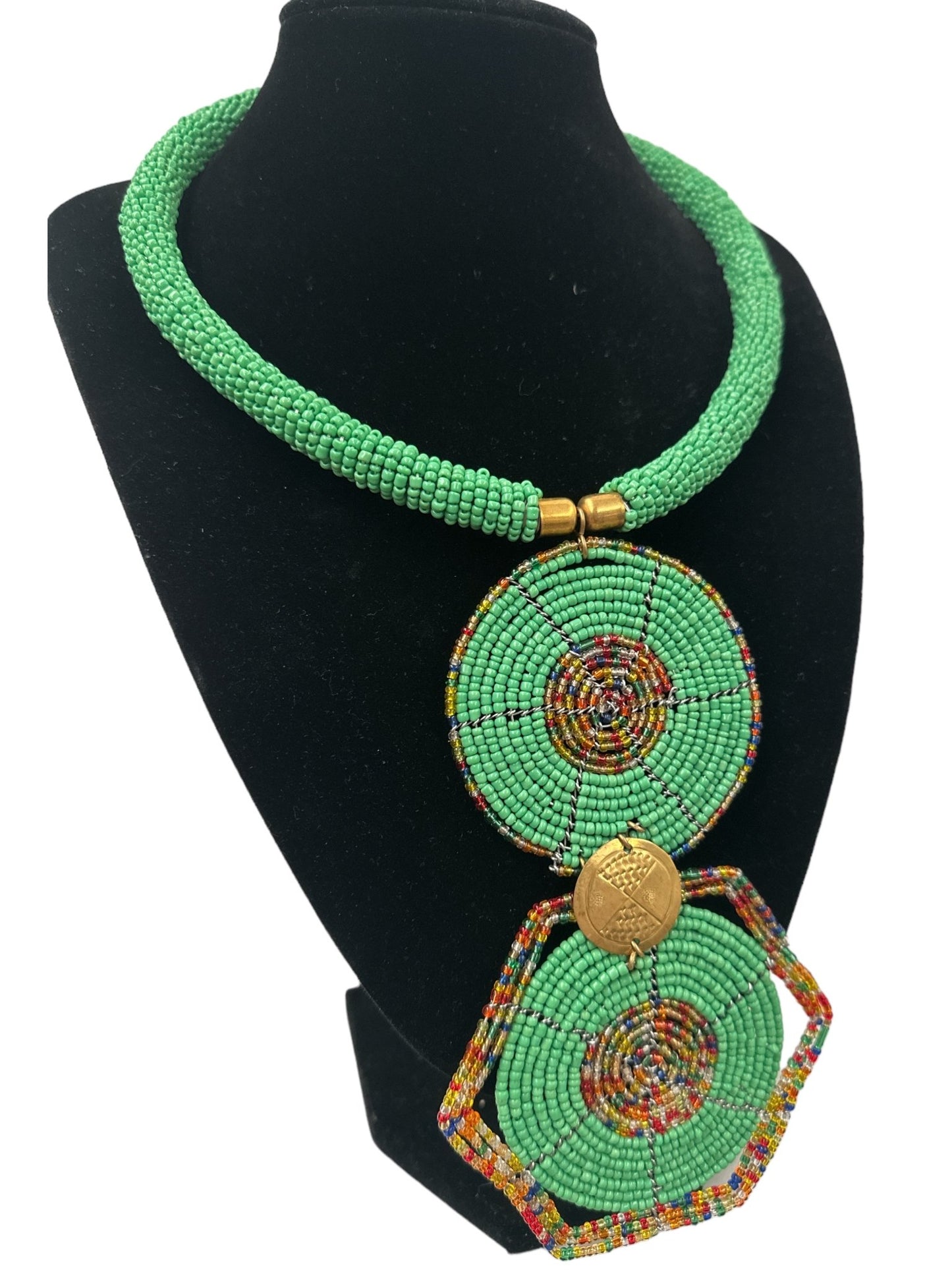 Authentic African Green Beaded Disc Pendant Necklace - Fatisha Boutique
