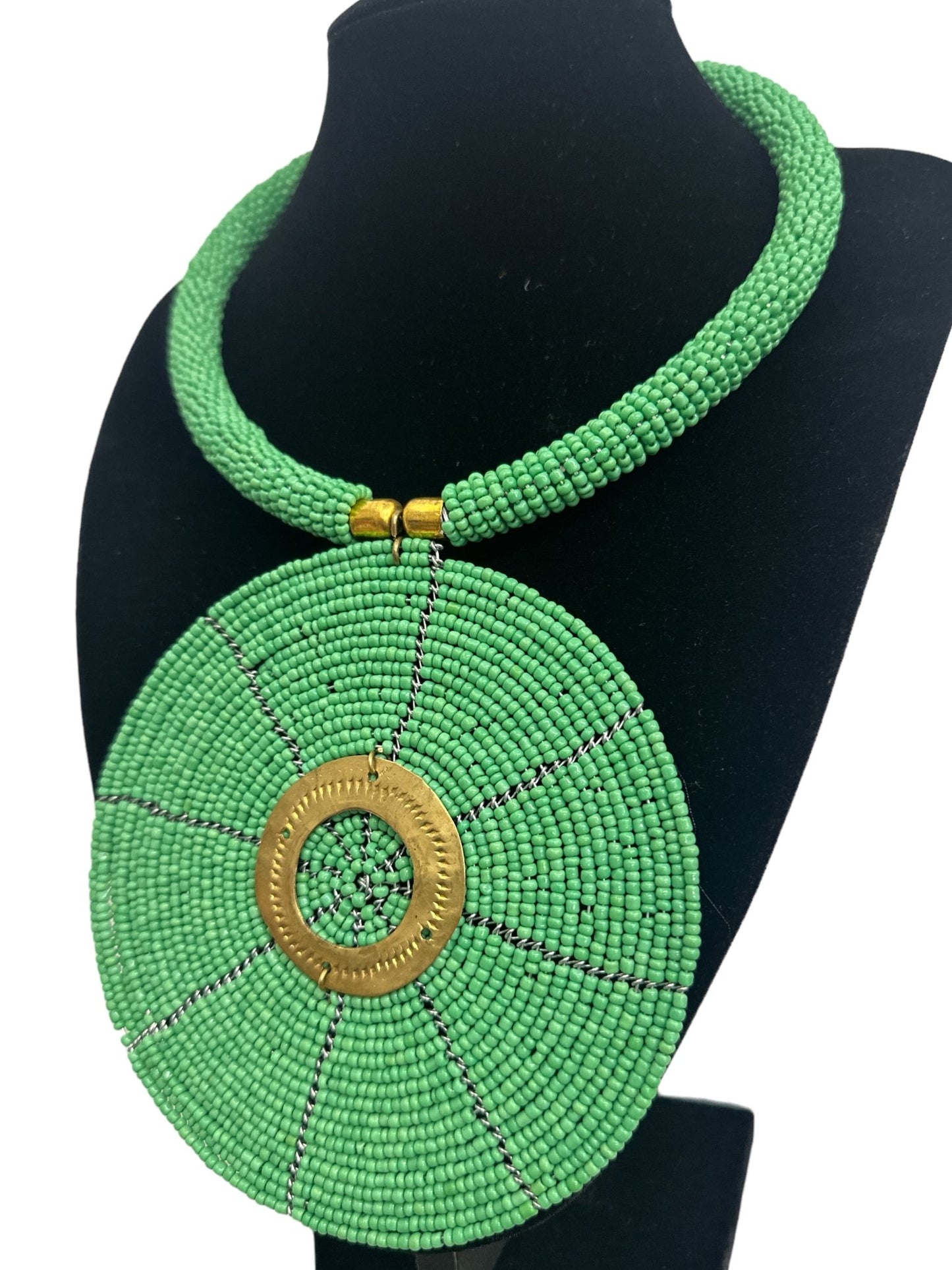 Authentic African Green Beaded Large Disc Pendant Necklace - Fatisha Boutique