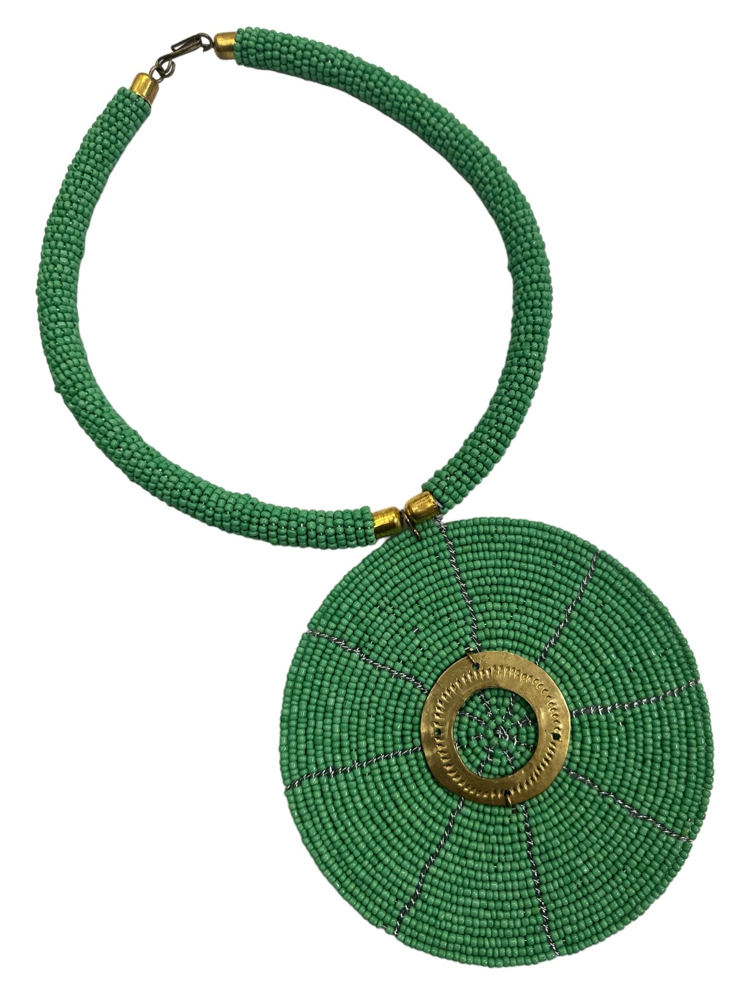 Authentic African Green Beaded Large Disc Pendant Necklace - Fatisha Boutique