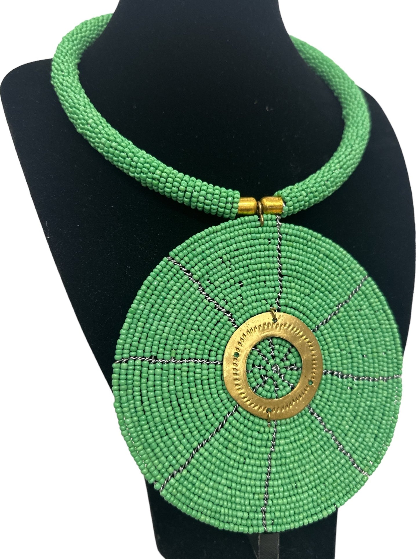 Authentic African Green Beaded Large Disc Pendant Necklace - Fatisha Boutique