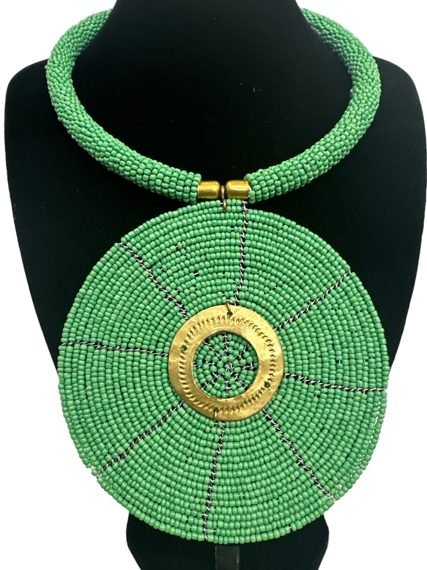 Authentic African Green Beaded Large Disc Pendant Necklace - Fatisha Boutique