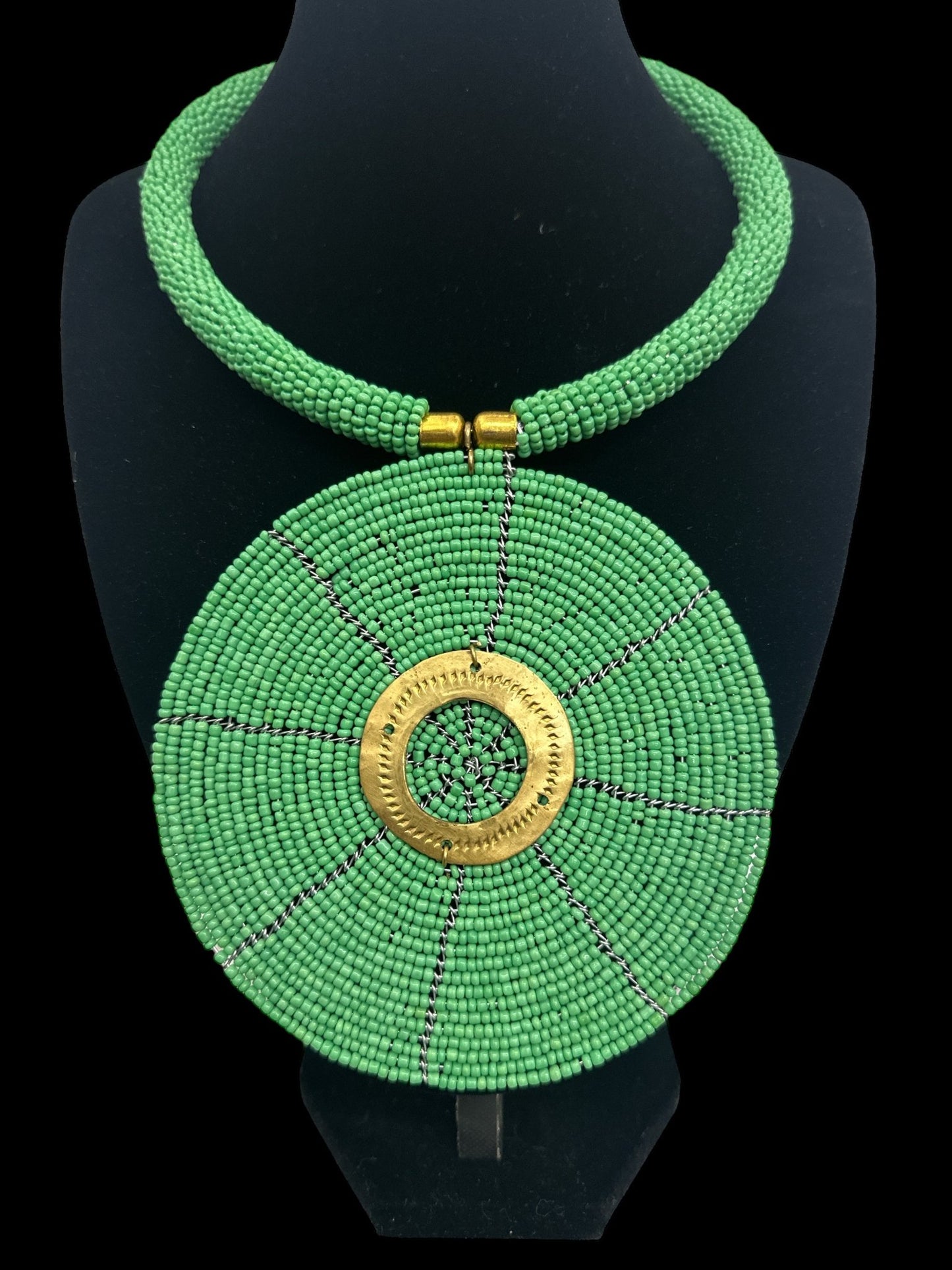 Authentic African Green Beaded Large Disc Pendant Necklace - Fatisha Boutique