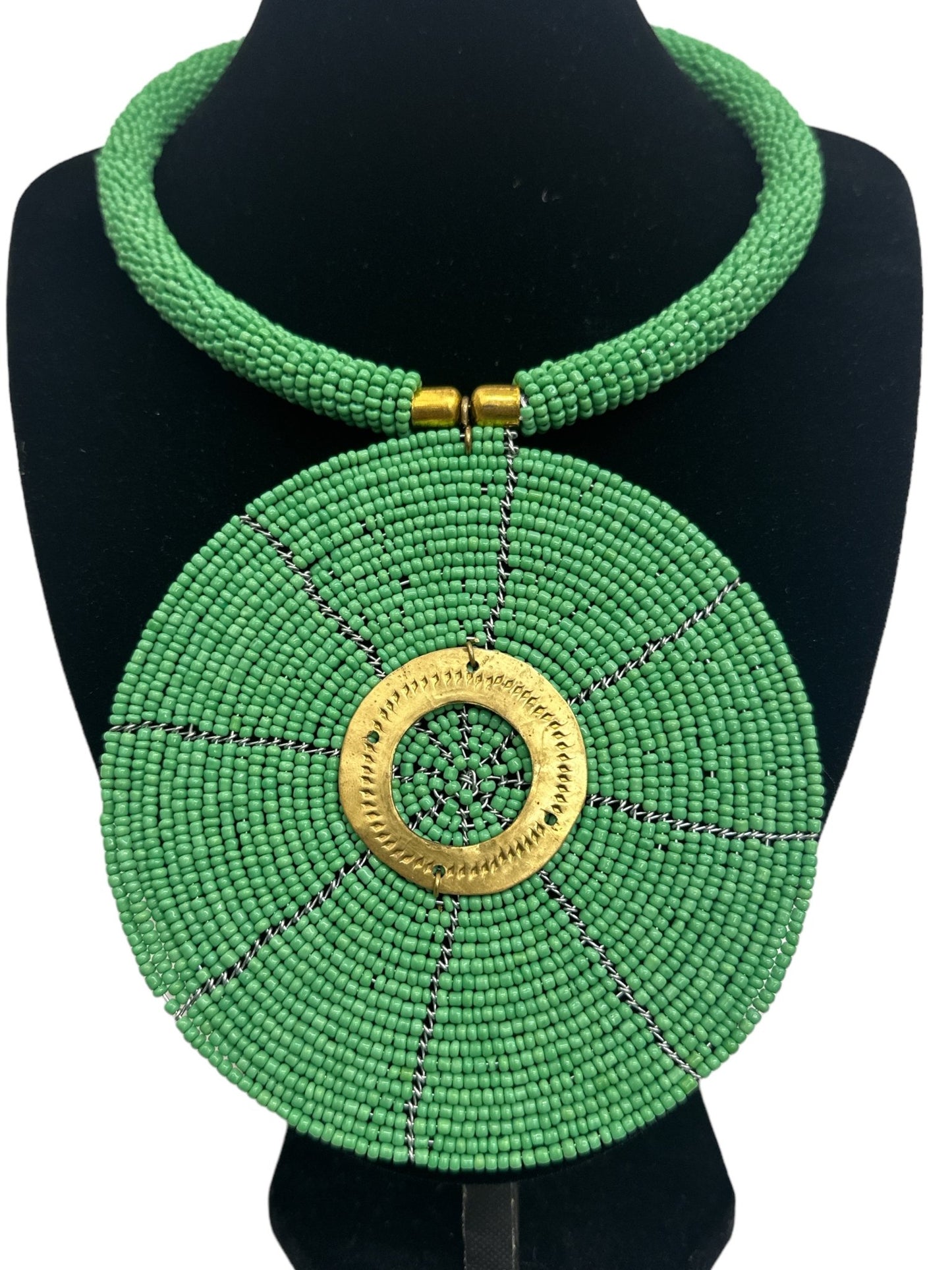 Authentic African Green Beaded Large Disc Pendant Necklace - Fatisha Boutique