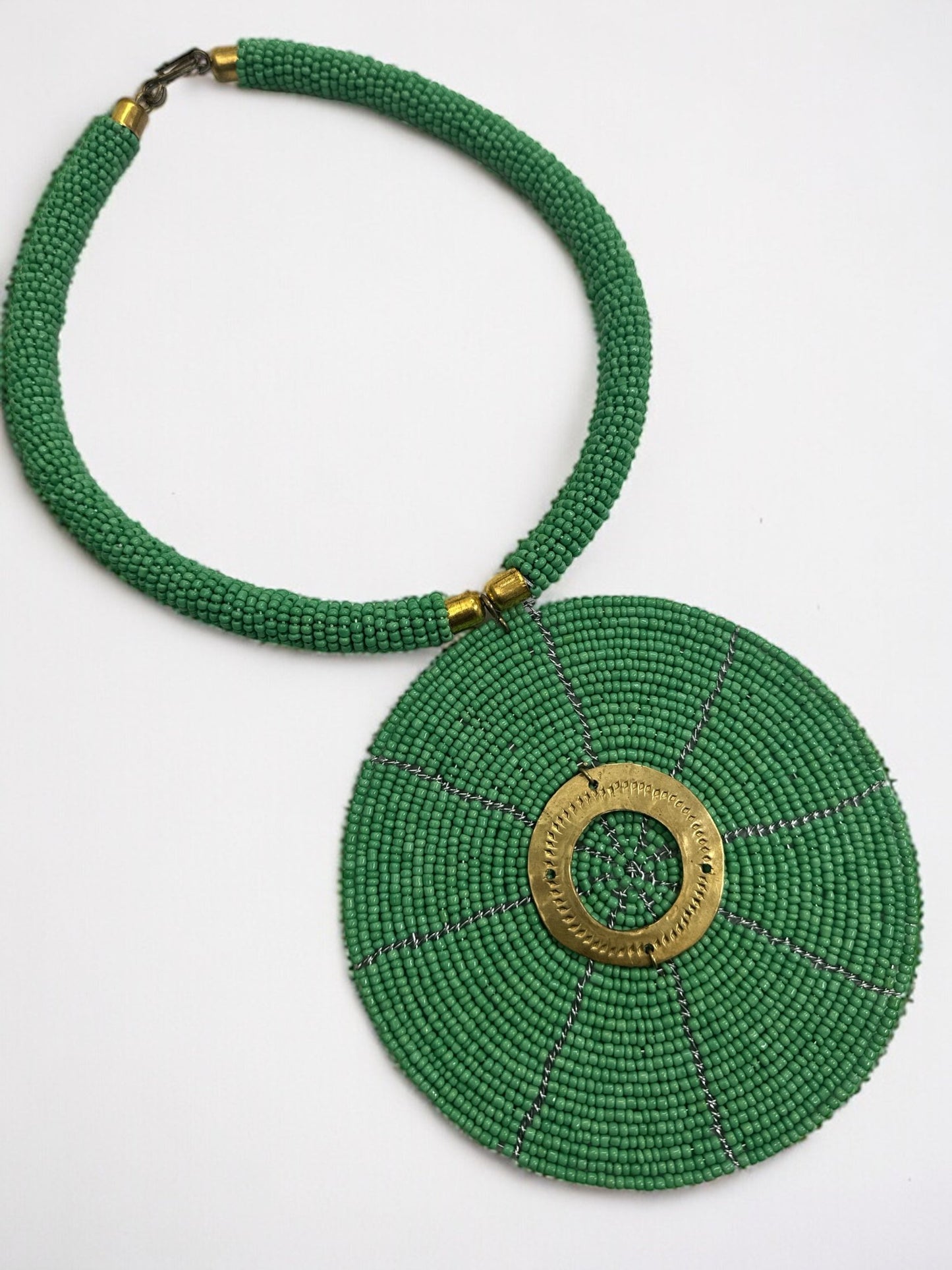 Authentic African Green Beaded Large Disc Pendant Necklace - Fatisha Boutique