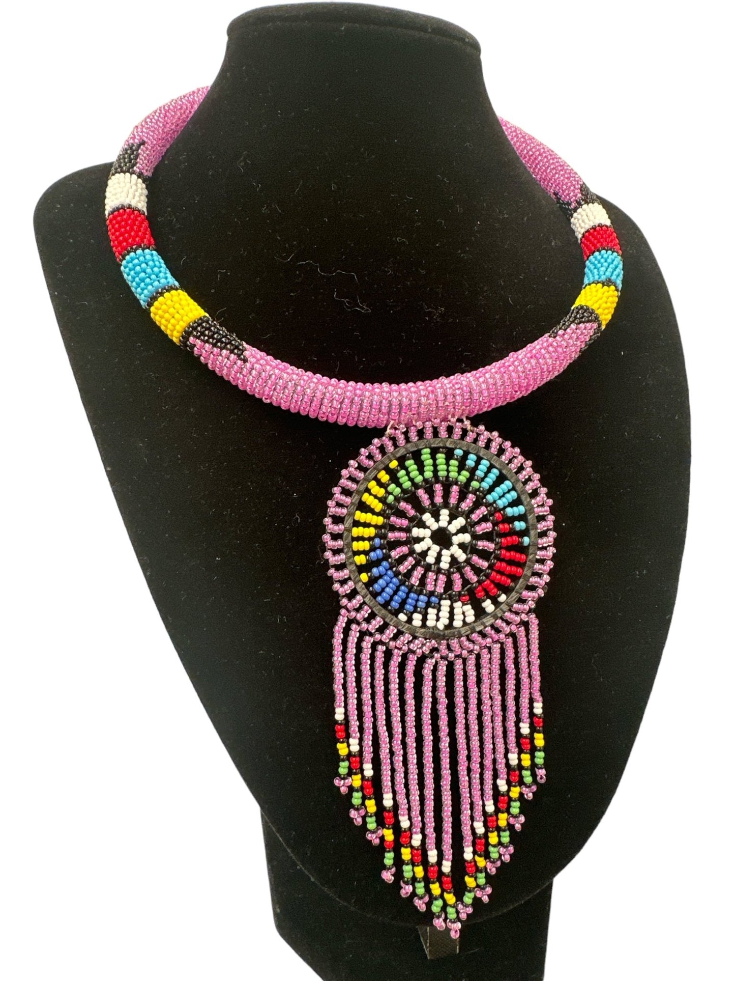 Authentic African Lilac Beaded Tassel Ethnic Pendant Necklace - Fatisha Boutique