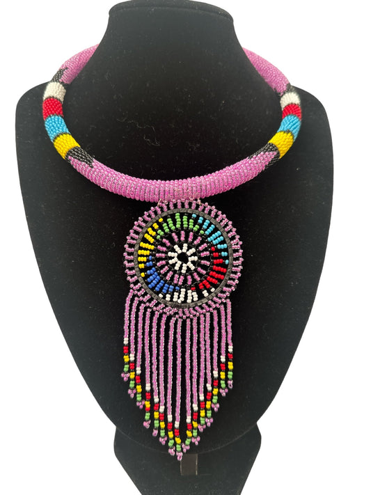 Authentic African Lilac Beaded Tassel Ethnic Pendant Necklace - Fatisha Boutique