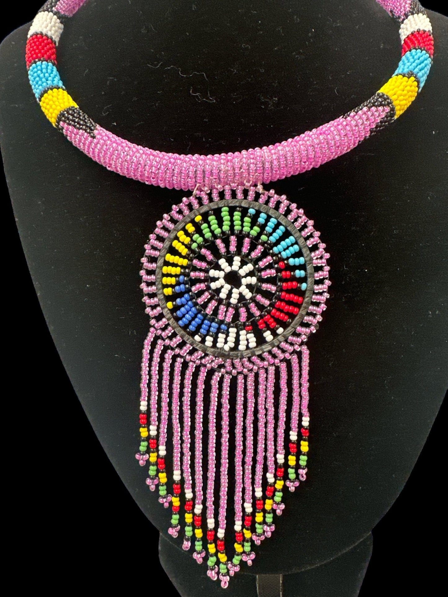 Authentic African Lilac Beaded Tassel Ethnic Pendant Necklace - Fatisha Boutique
