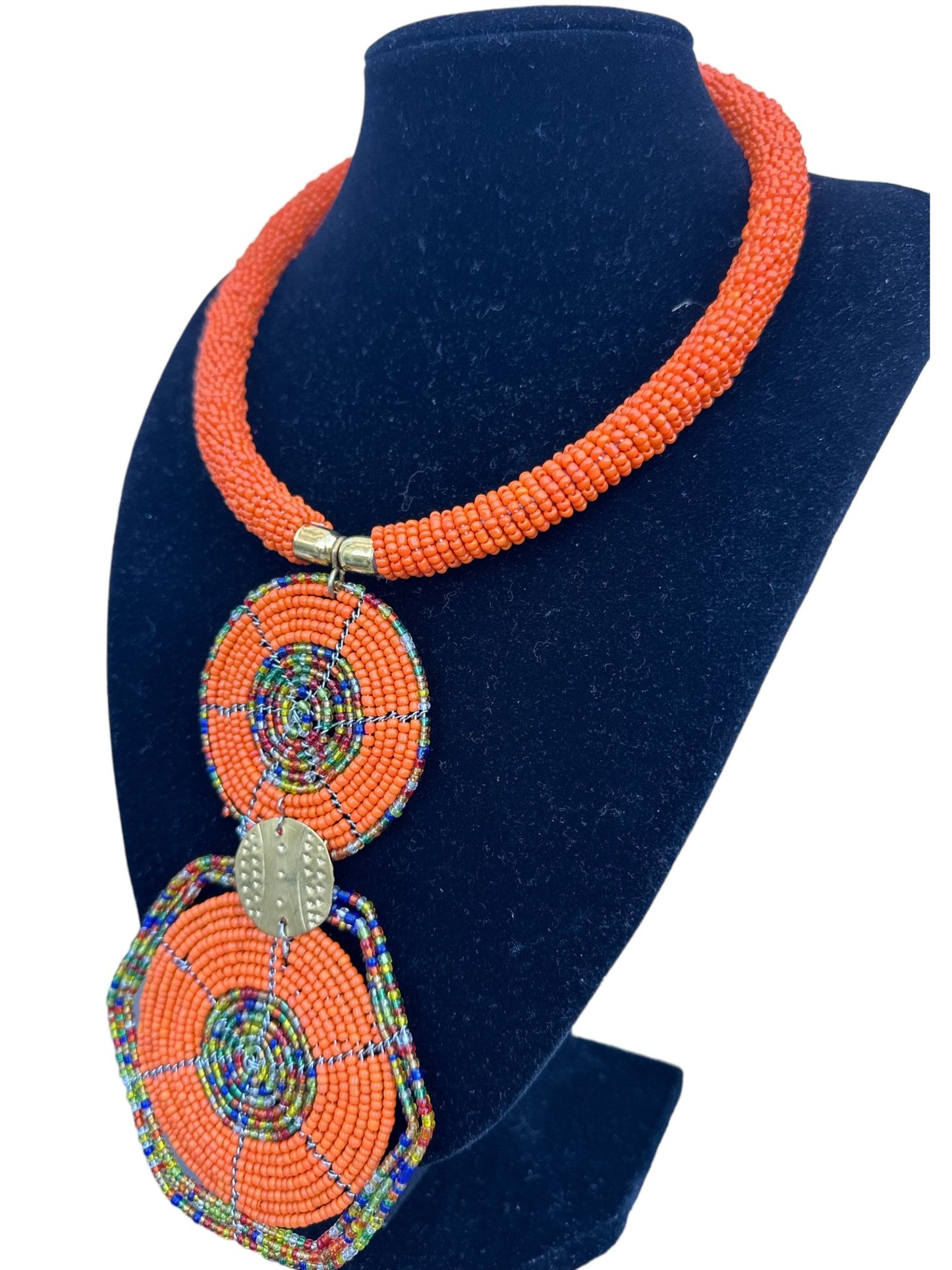 Authentic African Orange Beaded Disc Pendant Necklace - Fatisha Boutique