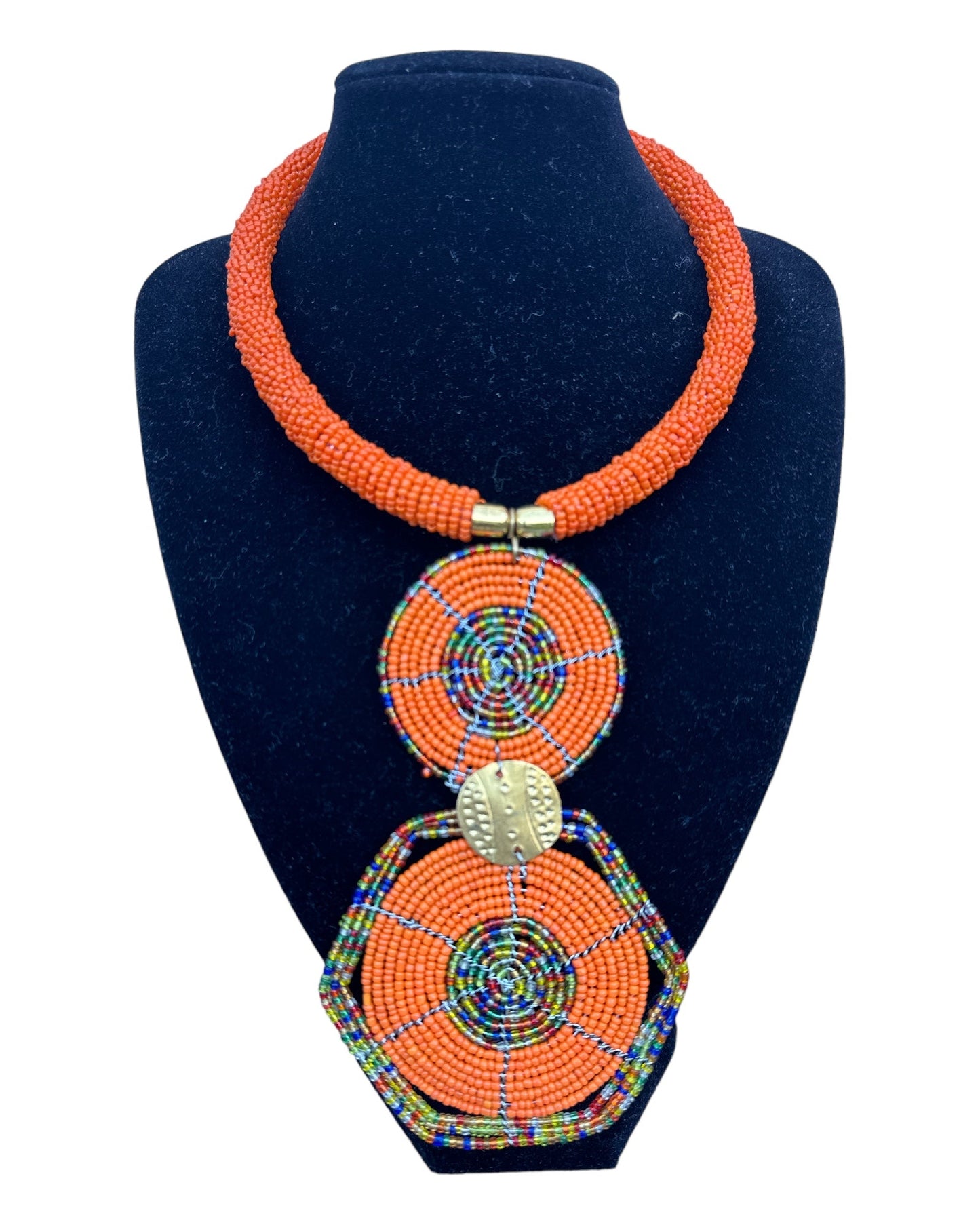 Authentic African Orange Beaded Disc Pendant Necklace - Fatisha Boutique