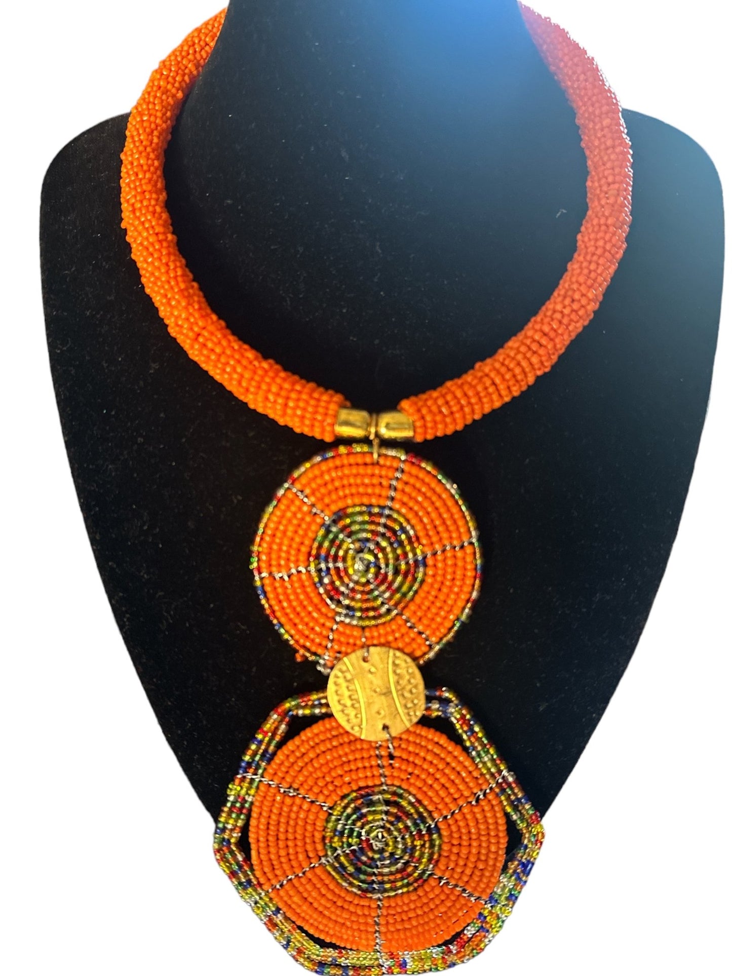 Authentic African Orange Beaded Disc Pendant Necklace - Fatisha Boutique