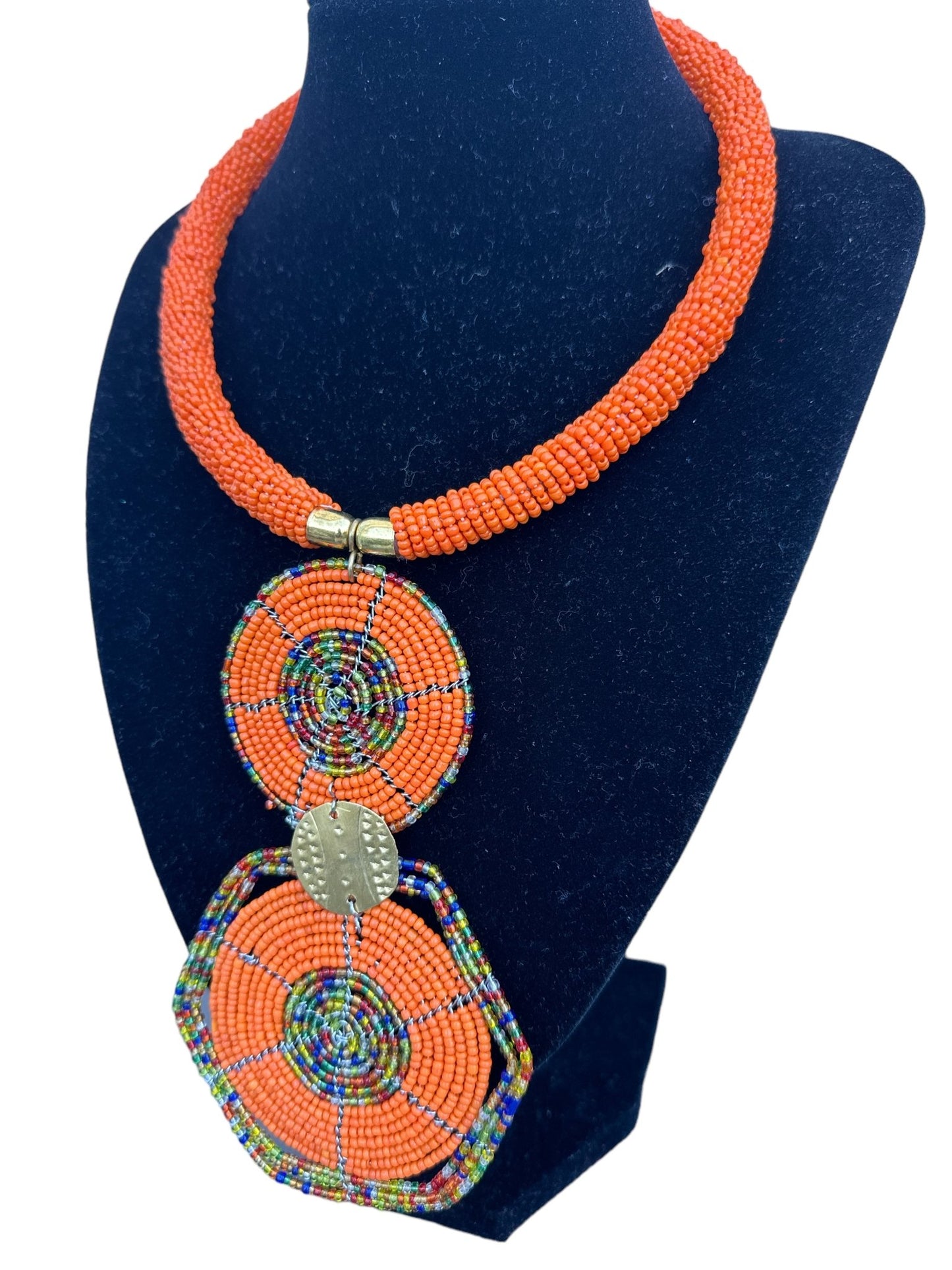 Authentic African Orange Beaded Disc Pendant Necklace - Fatisha Boutique