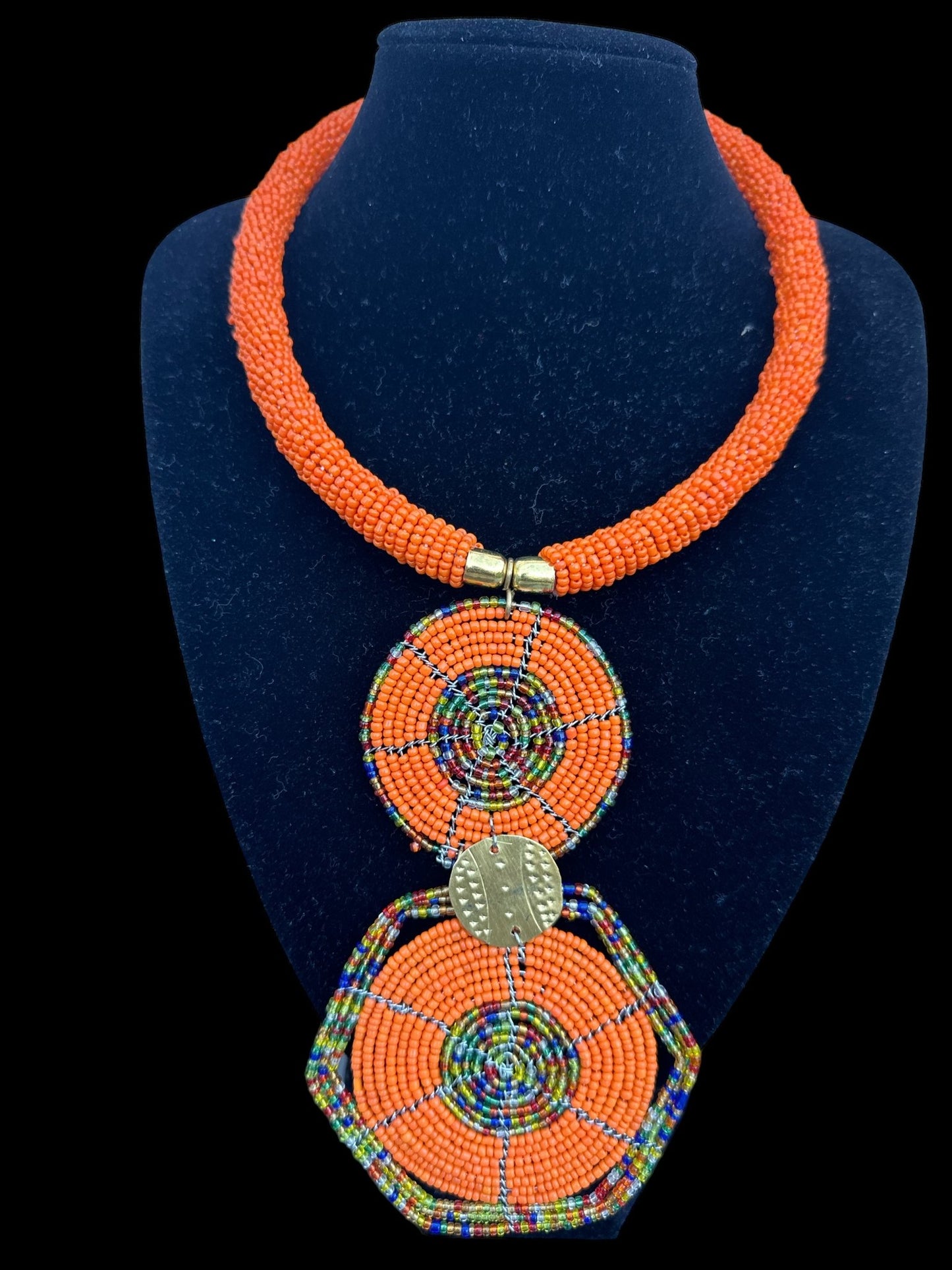 Authentic African Orange Beaded Disc Pendant Necklace - Fatisha Boutique