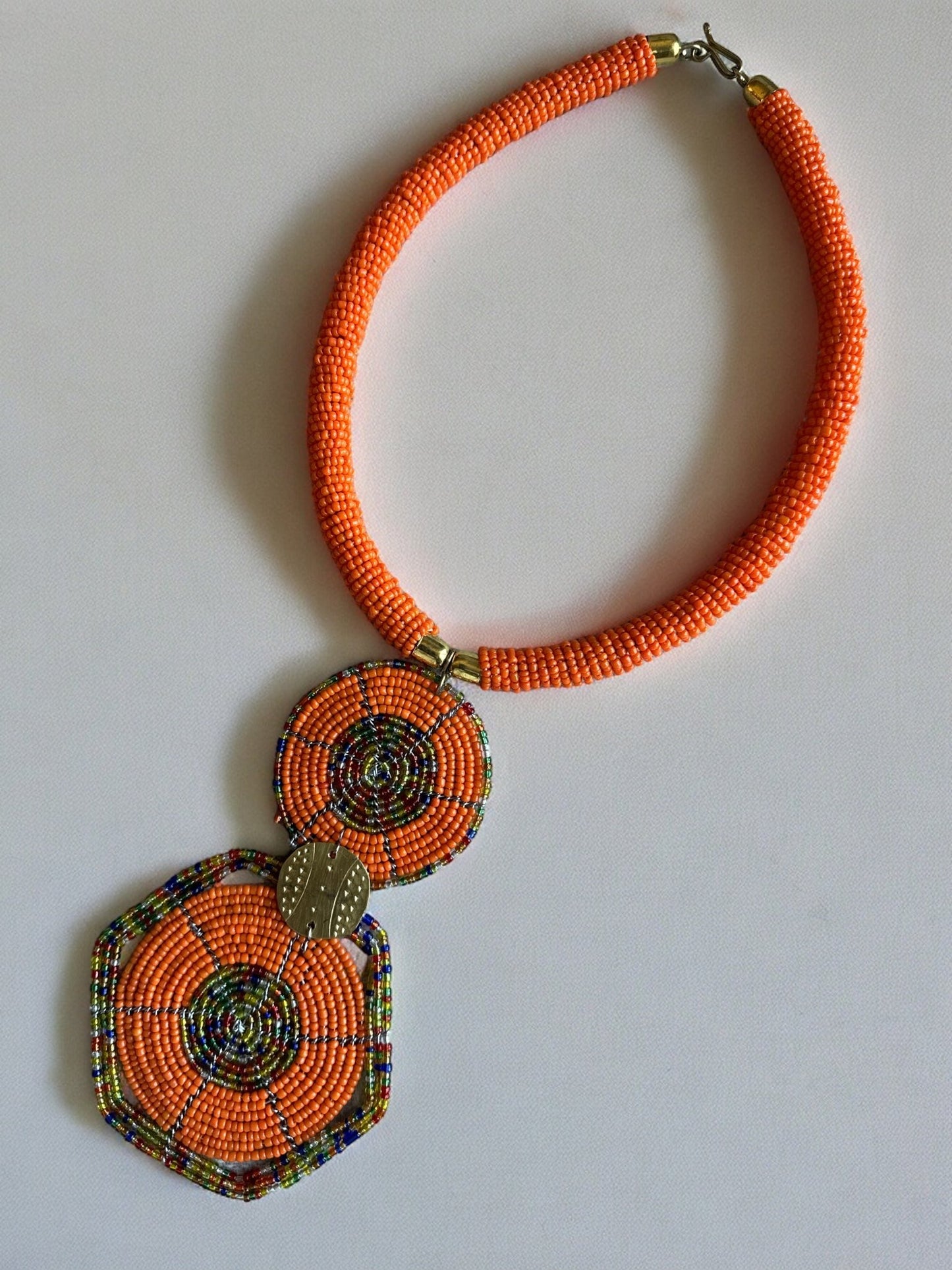 Authentic African Orange Beaded Disc Pendant Necklace - Fatisha Boutique