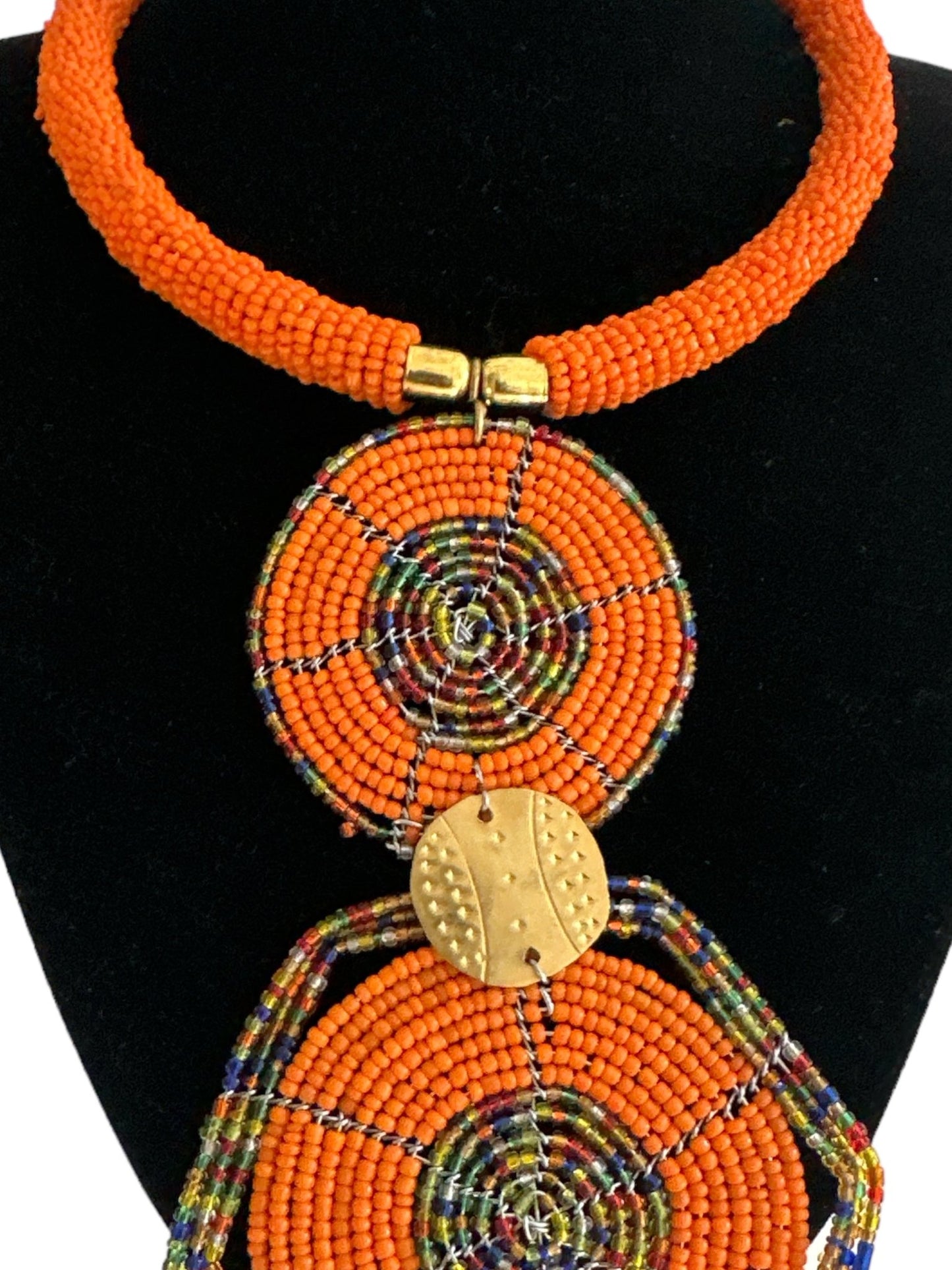 Authentic African Orange Beaded Disc Pendant Necklace - Fatisha Boutique