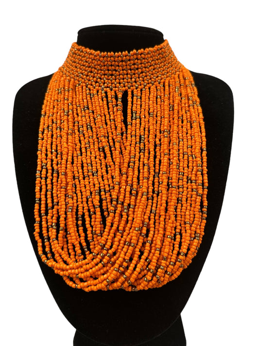 Authentic African Orange Beaded Ethnic Choker Pendant Necklace - Fatisha Boutique