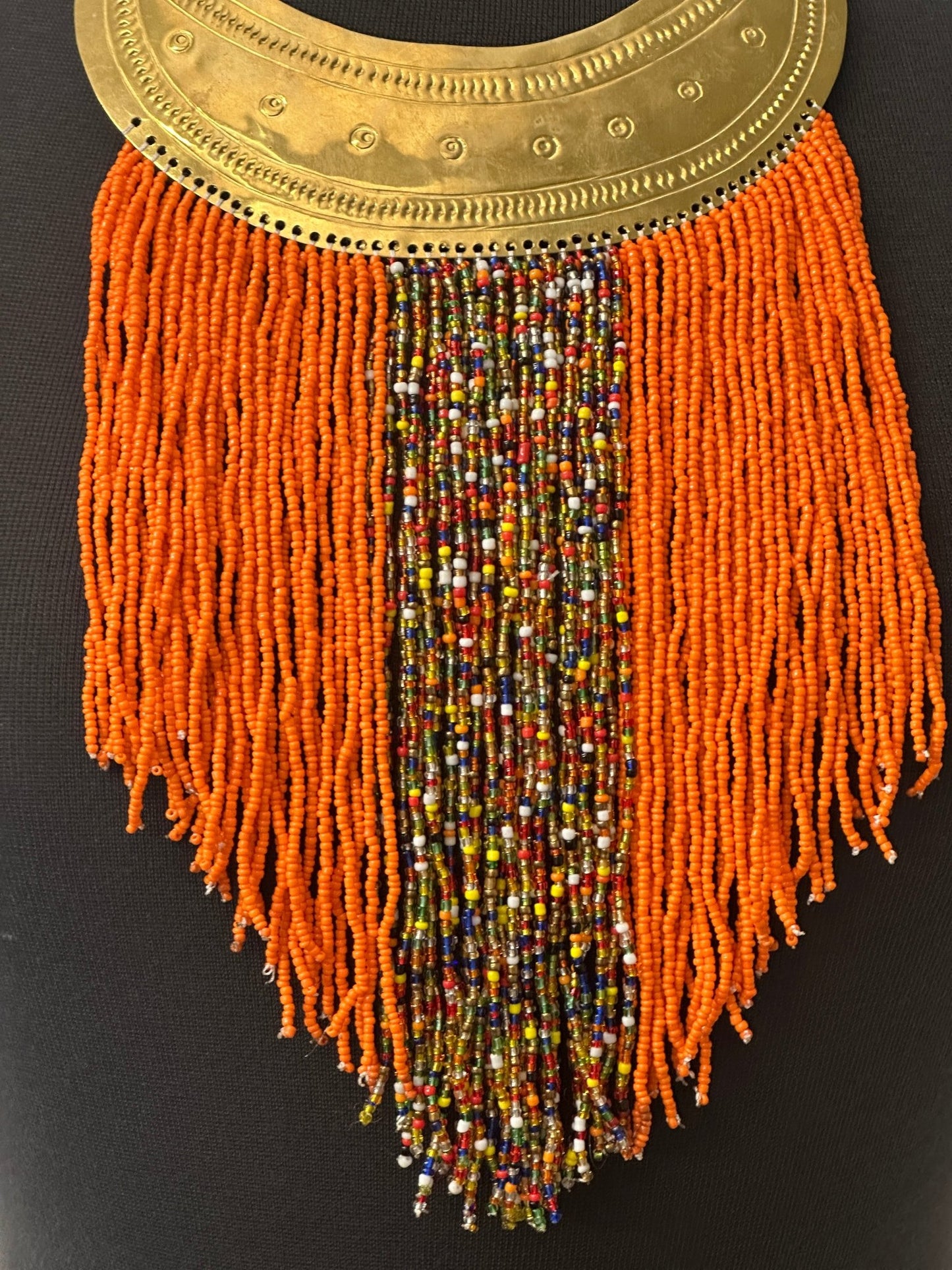 Authentic African Orange Beaded Ethnic Tassels Fringe Brass Pendant Necklace - Fatisha Boutique
