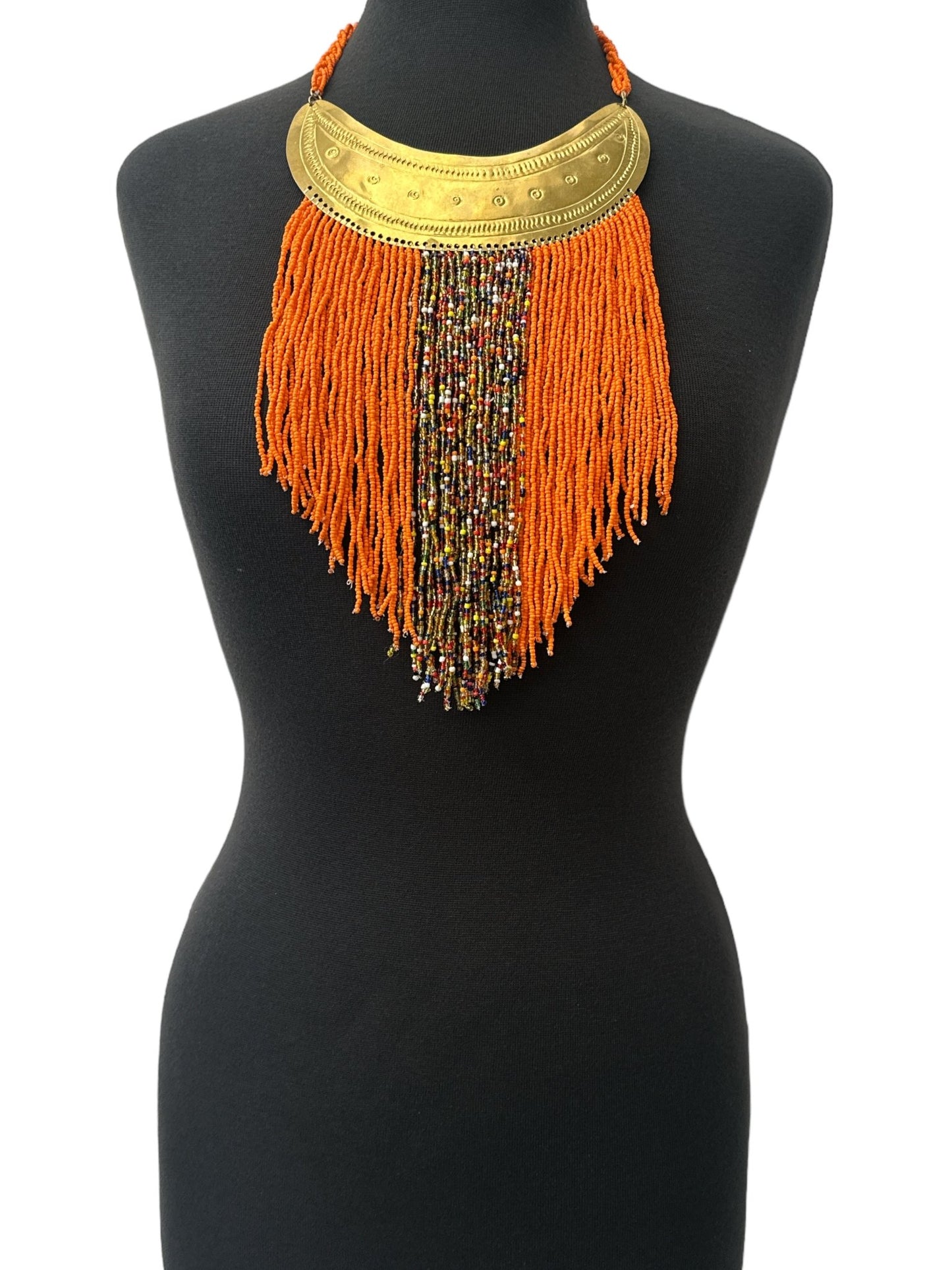 Authentic African Orange Beaded Ethnic Tassels Fringe Brass Pendant Necklace - Fatisha Boutique