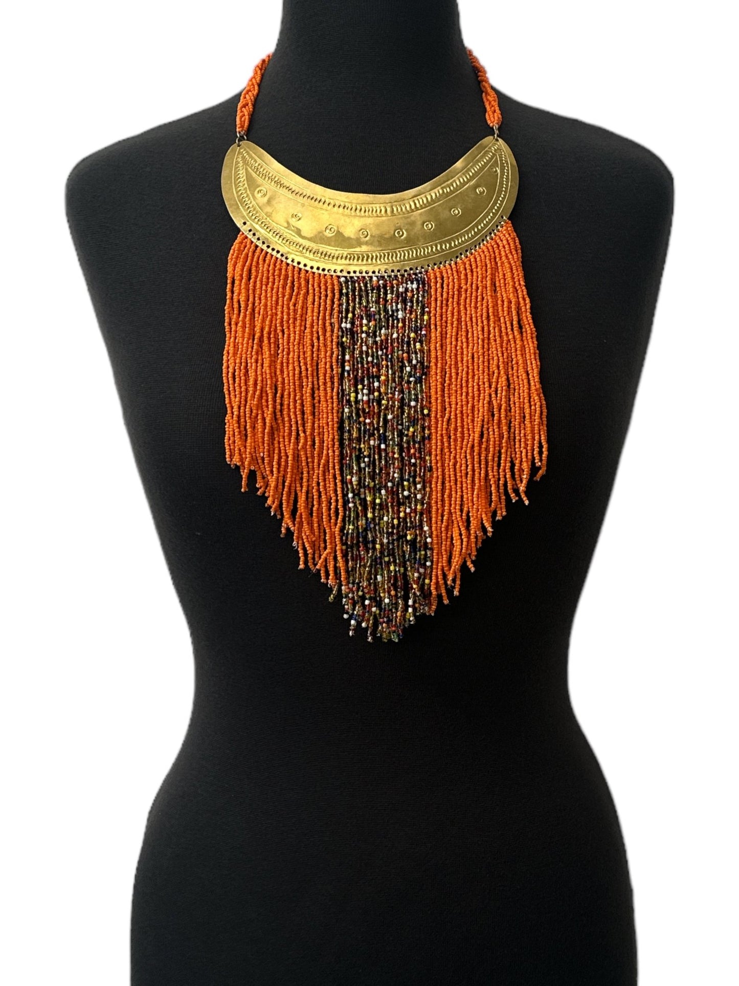 Authentic African Orange Beaded Ethnic Tassels Fringe Brass Pendant Necklace - Fatisha Boutique