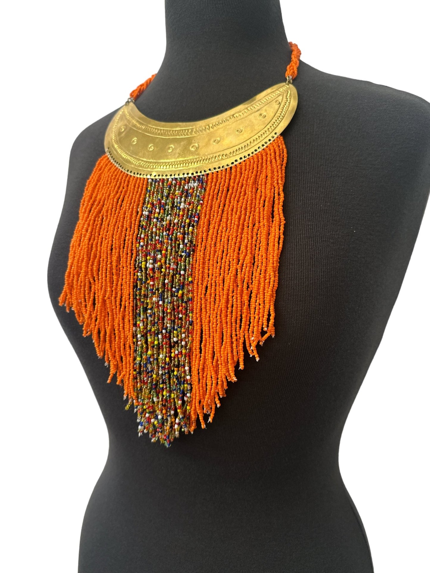 Authentic African Orange Beaded Ethnic Tassels Fringe Brass Pendant Necklace - Fatisha Boutique