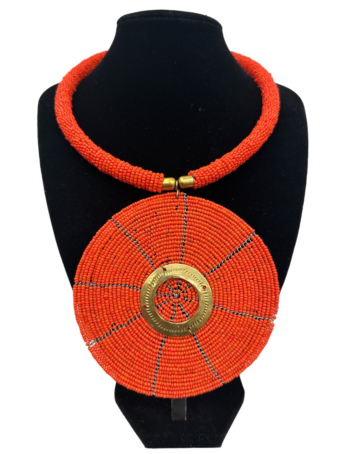 Authentic African Orange Beaded Large Disc Pendant Necklace - Fatisha Boutique