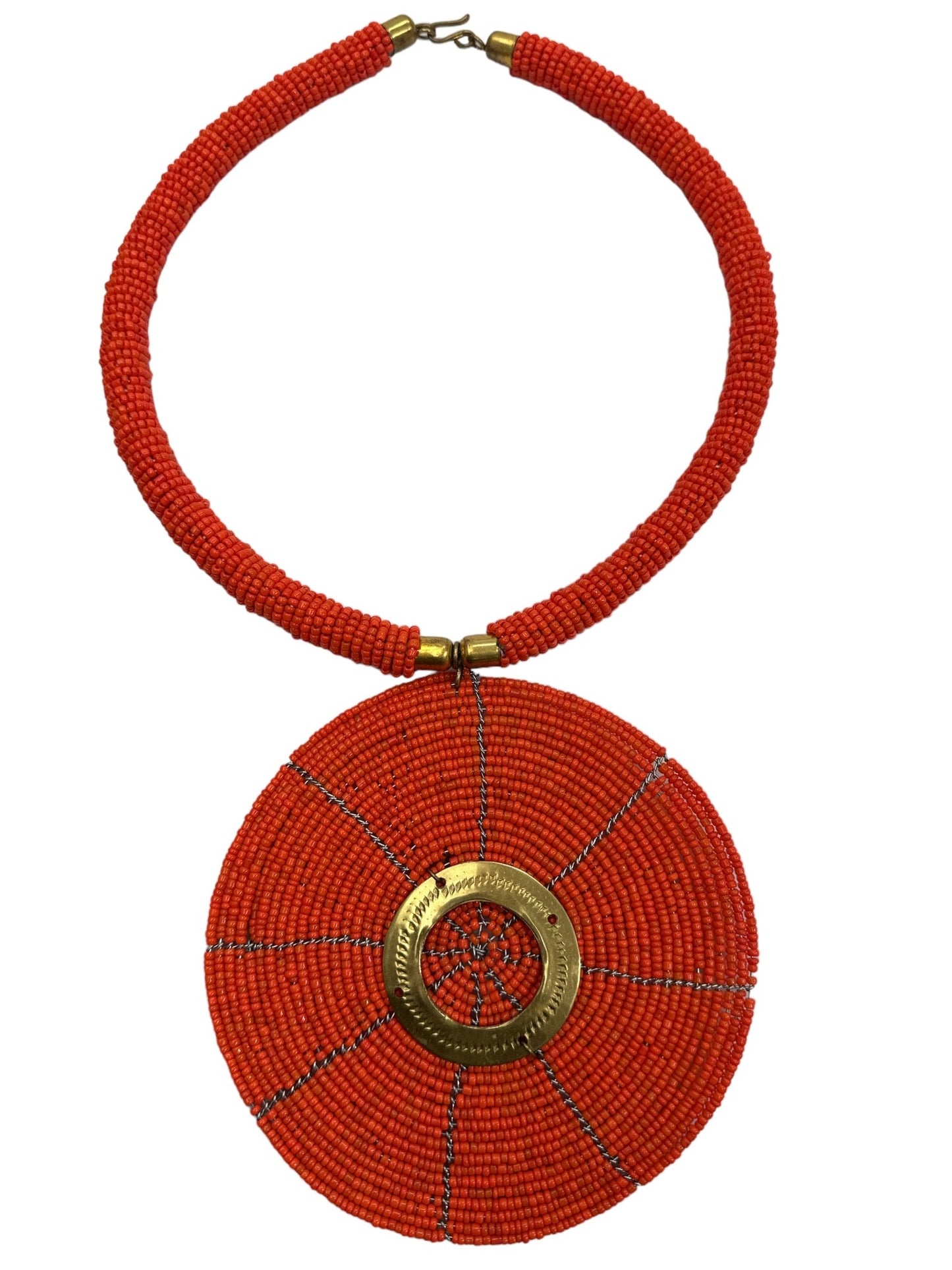 Authentic African Orange Beaded Large Disc Pendant Necklace - Fatisha Boutique