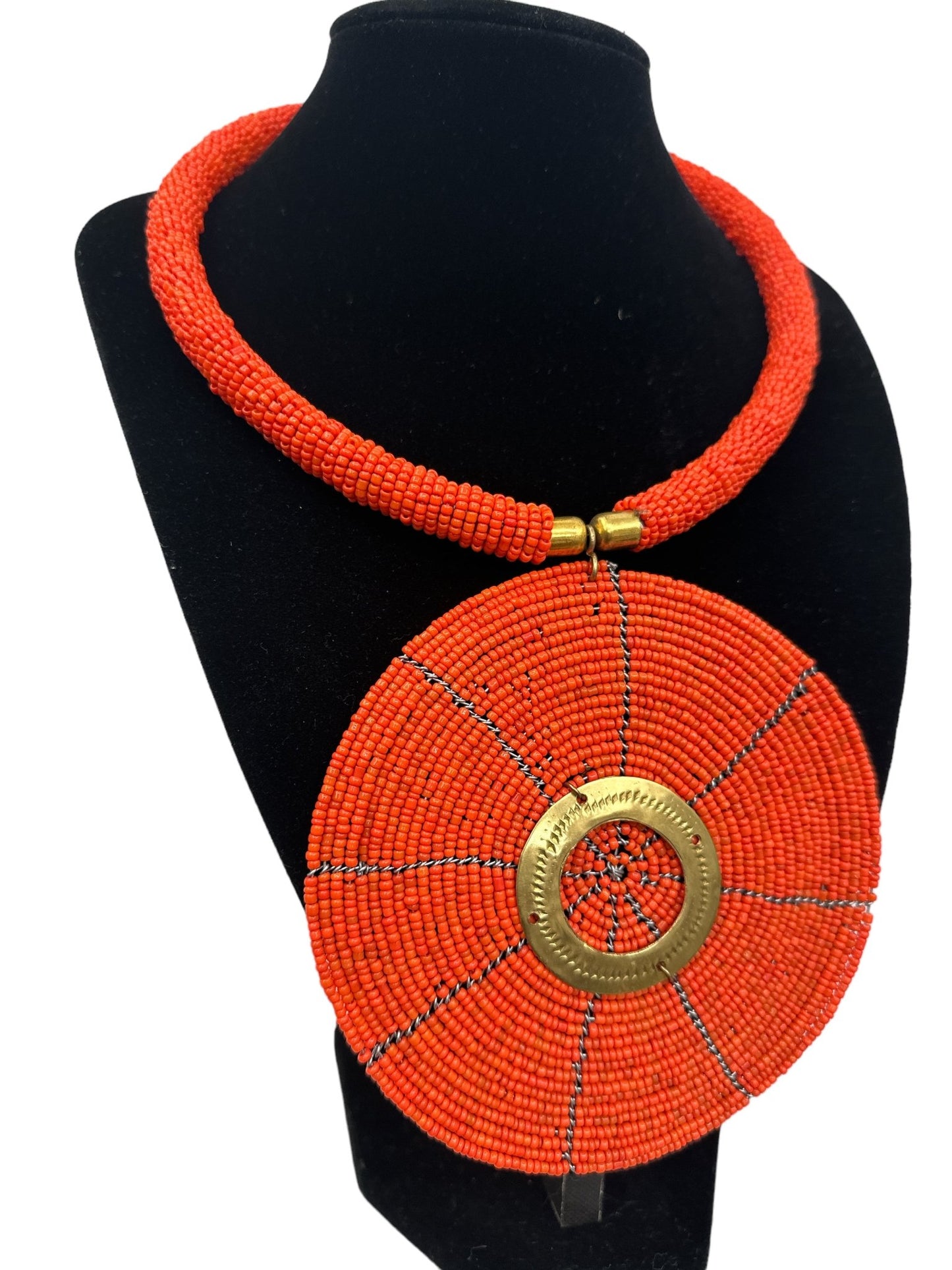 Authentic African Orange Beaded Large Disc Pendant Necklace - Fatisha Boutique