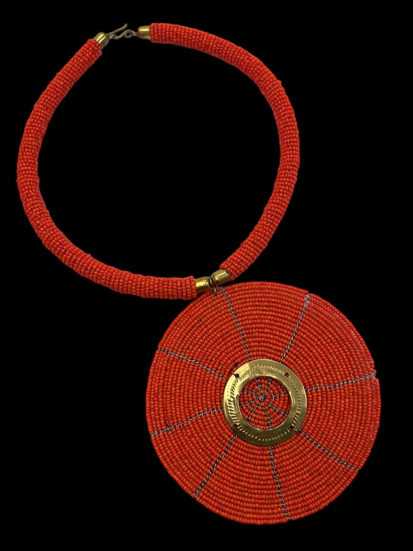 Authentic African Orange Beaded Large Disc Pendant Necklace - Fatisha Boutique