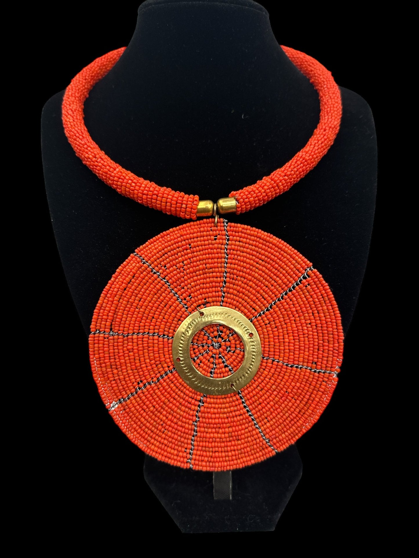 Authentic African Orange Beaded Large Disc Pendant Necklace - Fatisha Boutique