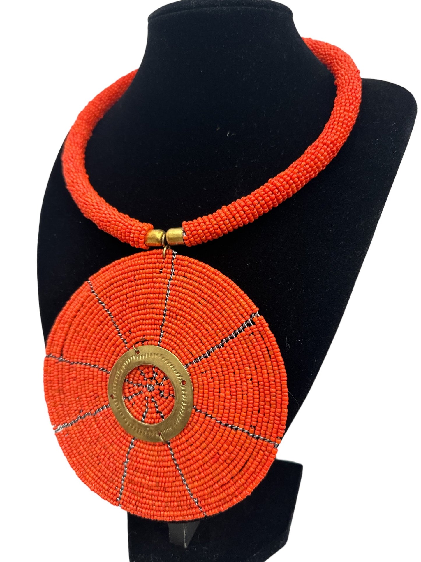 Authentic African Orange Beaded Large Disc Pendant Necklace - Fatisha Boutique
