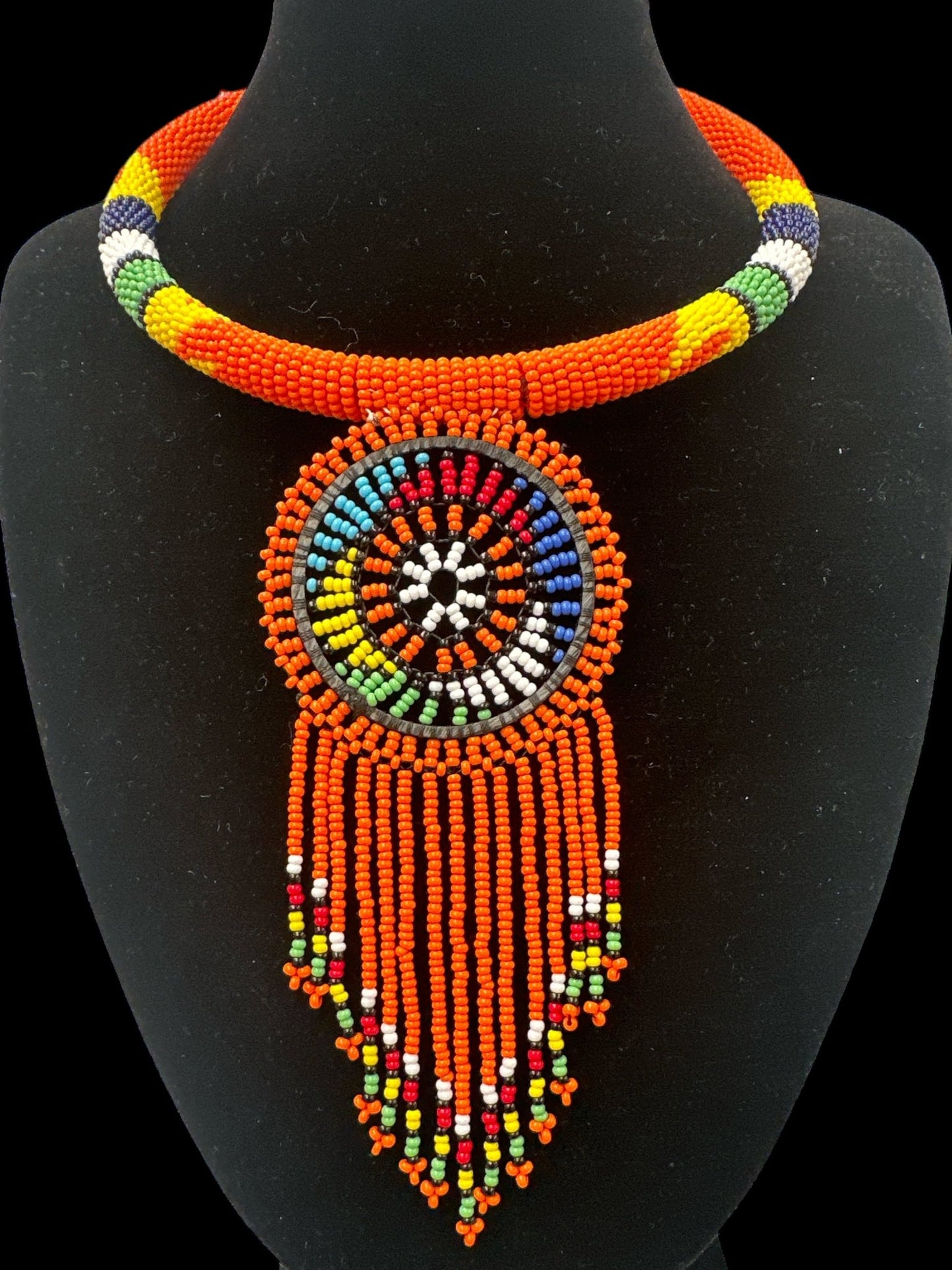 Authentic African Orange Beaded Tassel Ethnic Pendant Necklace - Fatisha Boutique