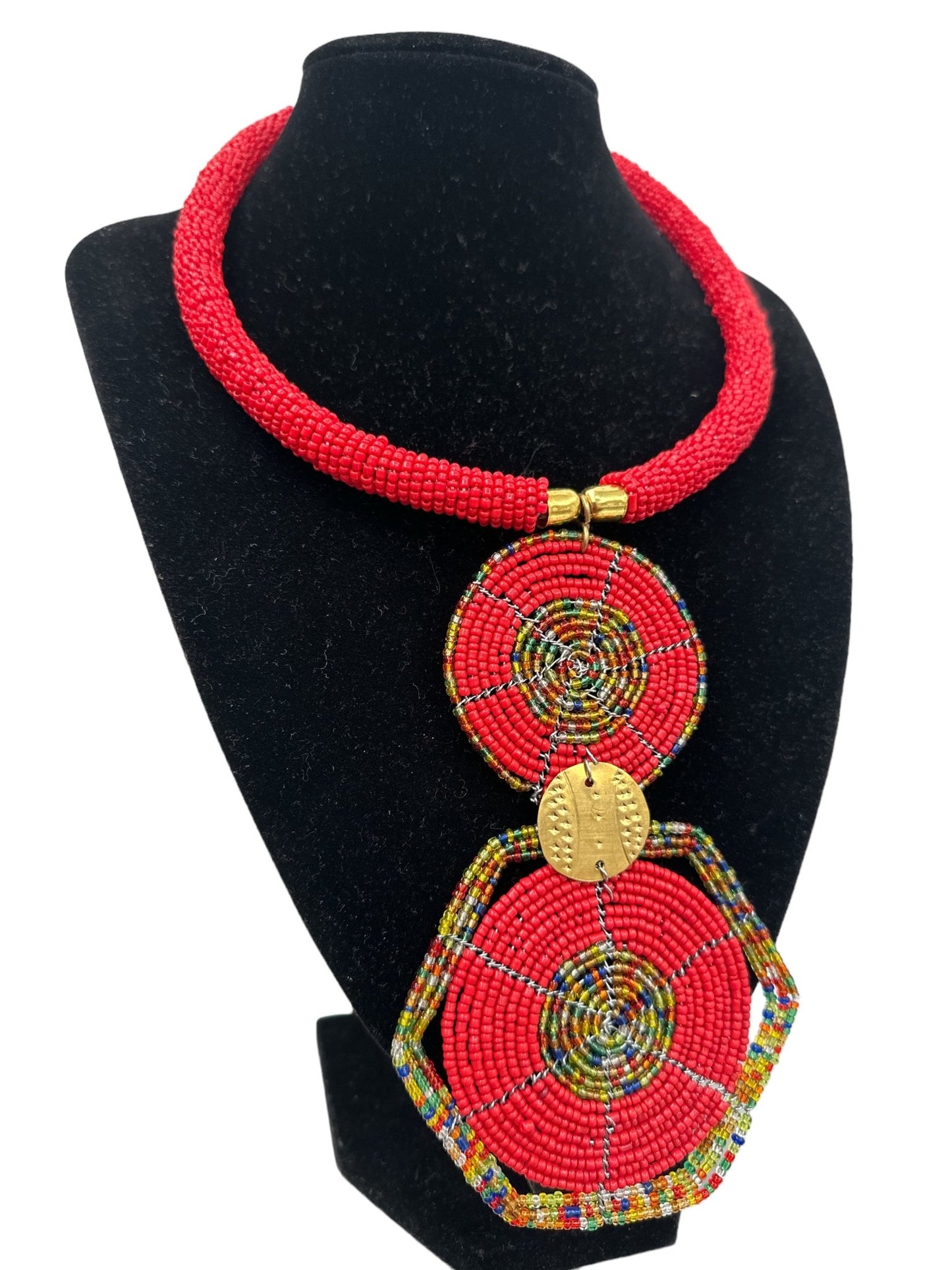 Authentic African Red Beaded Disc Pendant Necklace - Fatisha Boutique