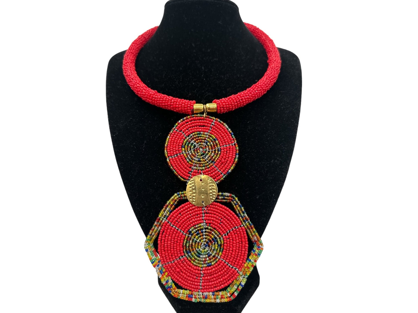 Authentic African Red Beaded Disc Pendant Necklace - Fatisha Boutique