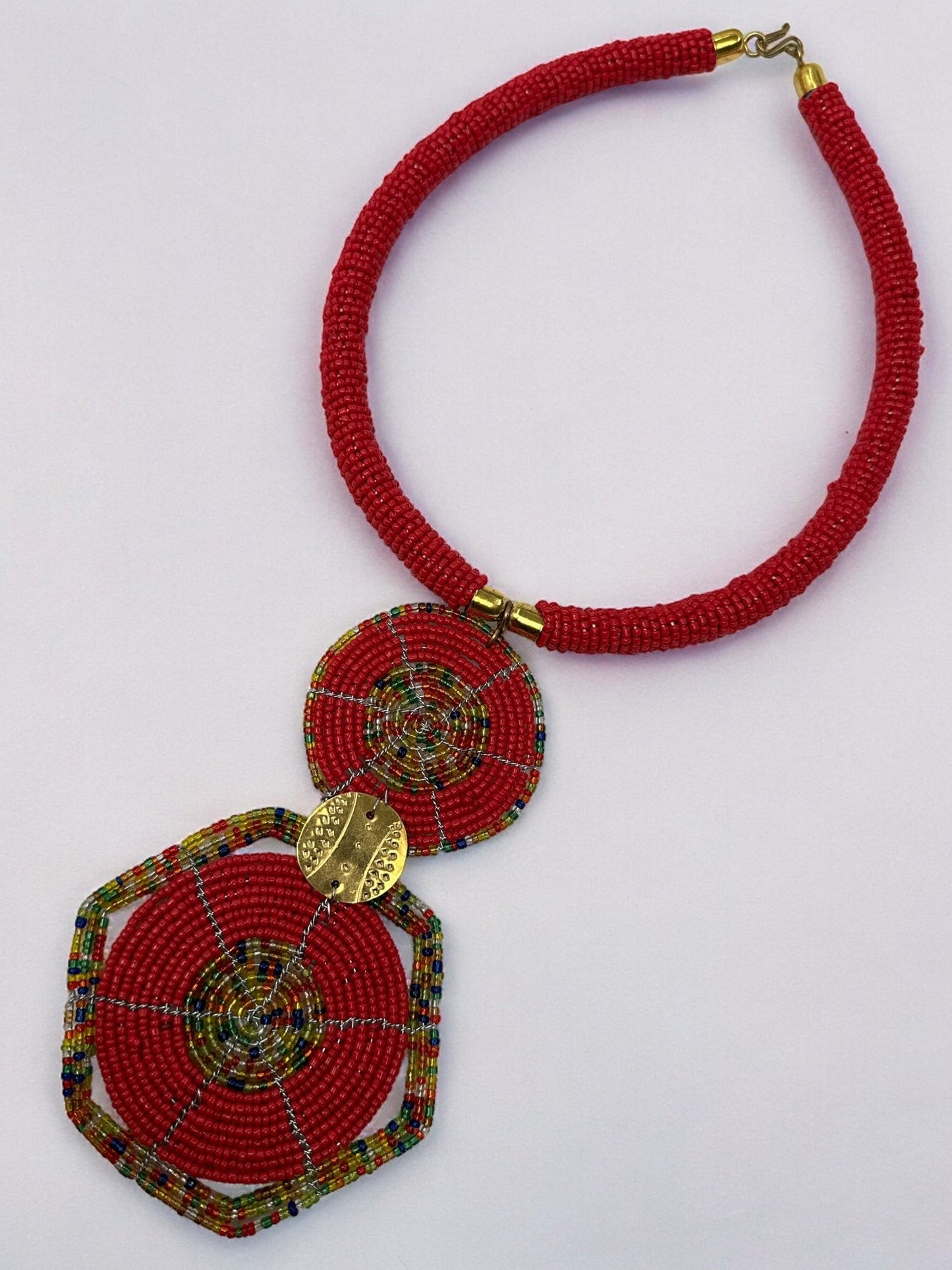 Authentic African Red Beaded Disc Pendant Necklace - Fatisha Boutique