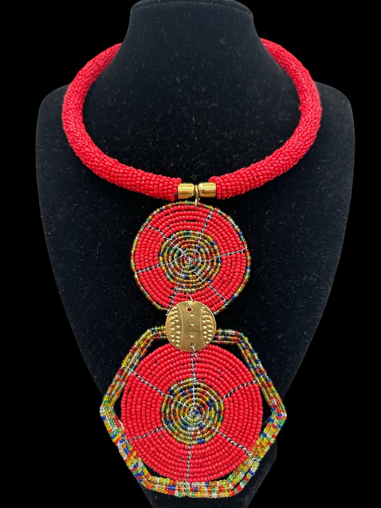Authentic African Red Beaded Disc Pendant Necklace - Fatisha Boutique