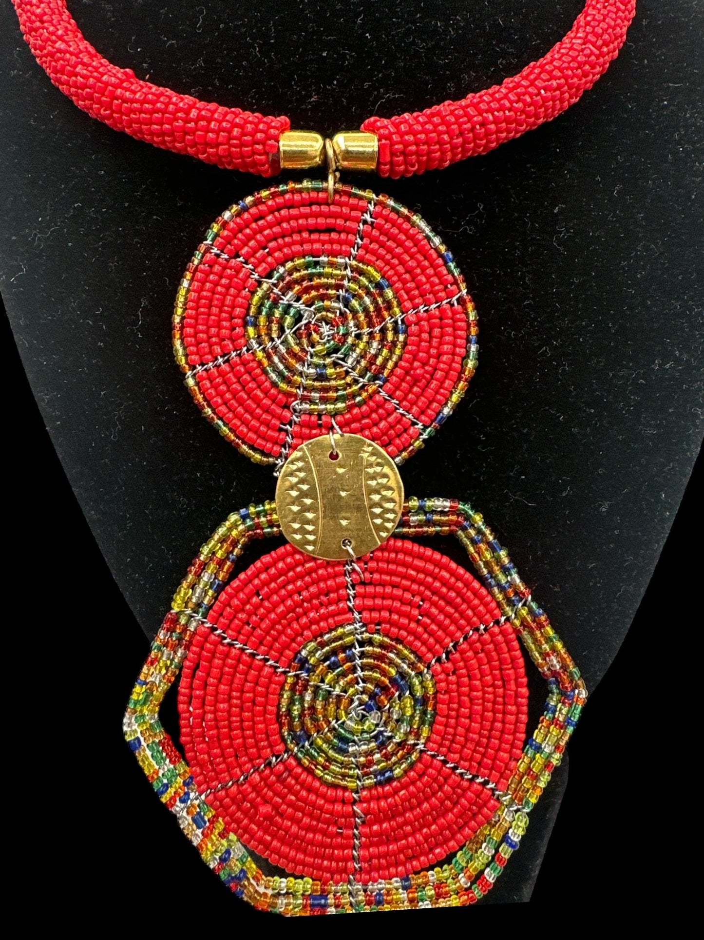 Authentic African Red Beaded Disc Pendant Necklace - Fatisha Boutique