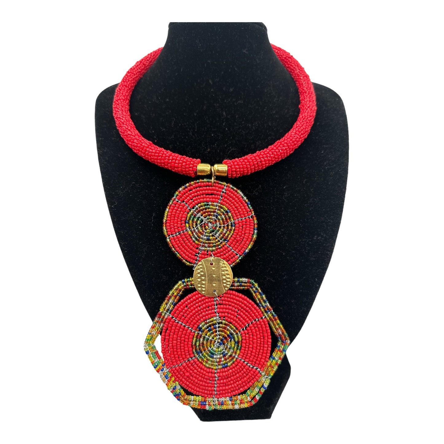 Authentic African Red Beaded Disc Pendant Necklace - Fatisha Boutique