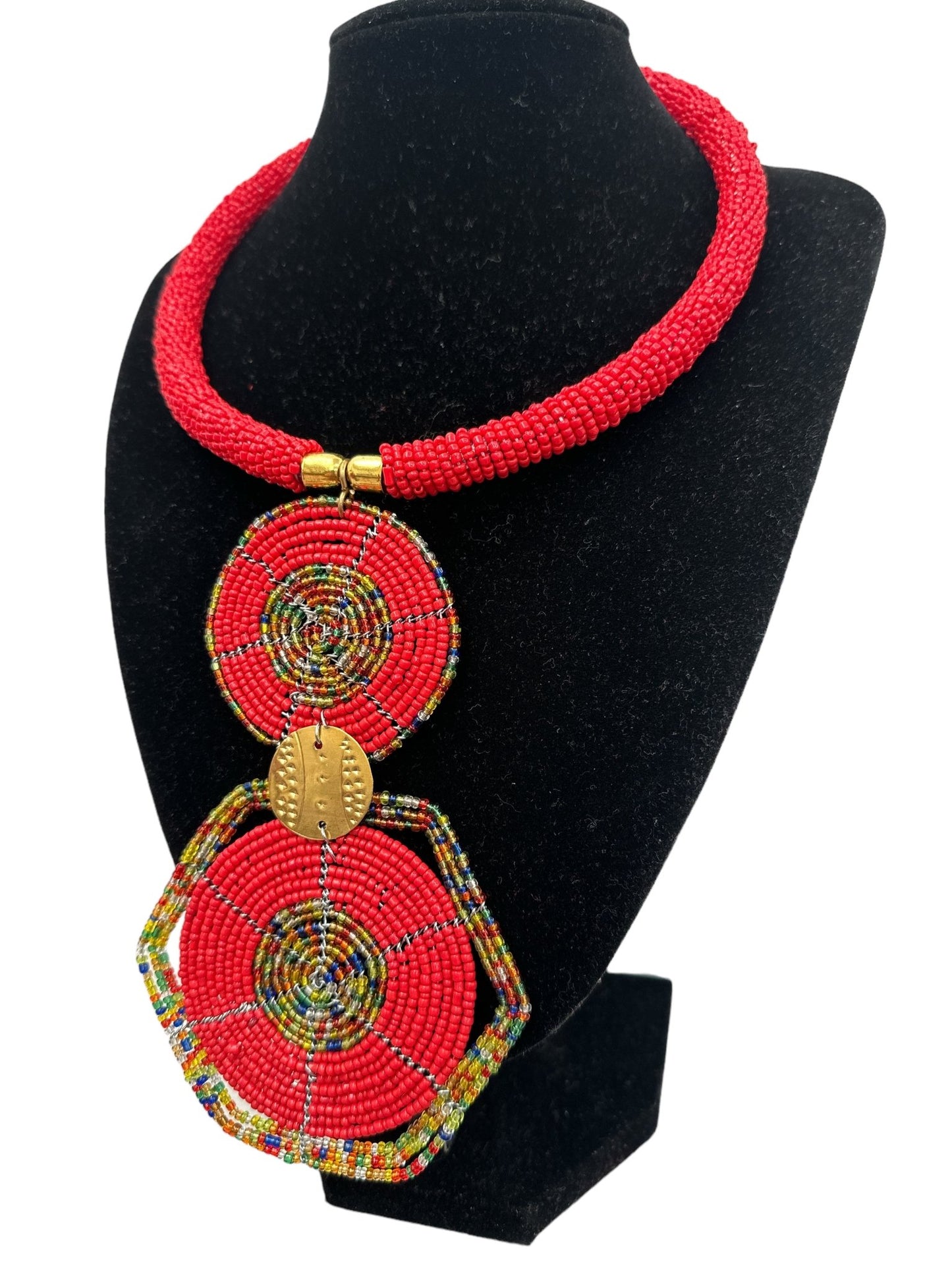 Authentic African Red Beaded Disc Pendant Necklace - Fatisha Boutique