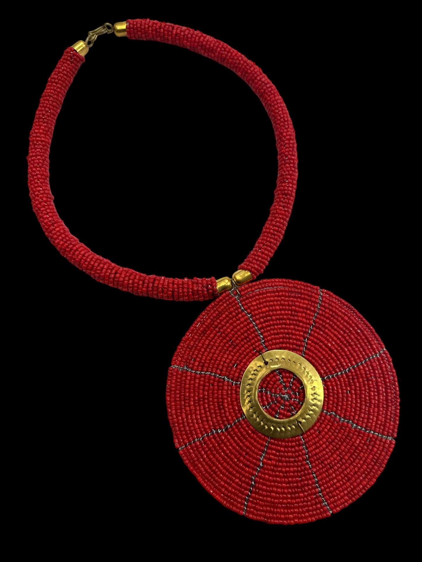 Authentic African Red Beaded Large Disc Pendant Necklace - Fatisha Boutique