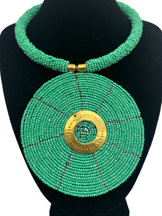 Authentic African Turquoise Beaded Large Disc Pendant Necklace - Fatisha Boutique