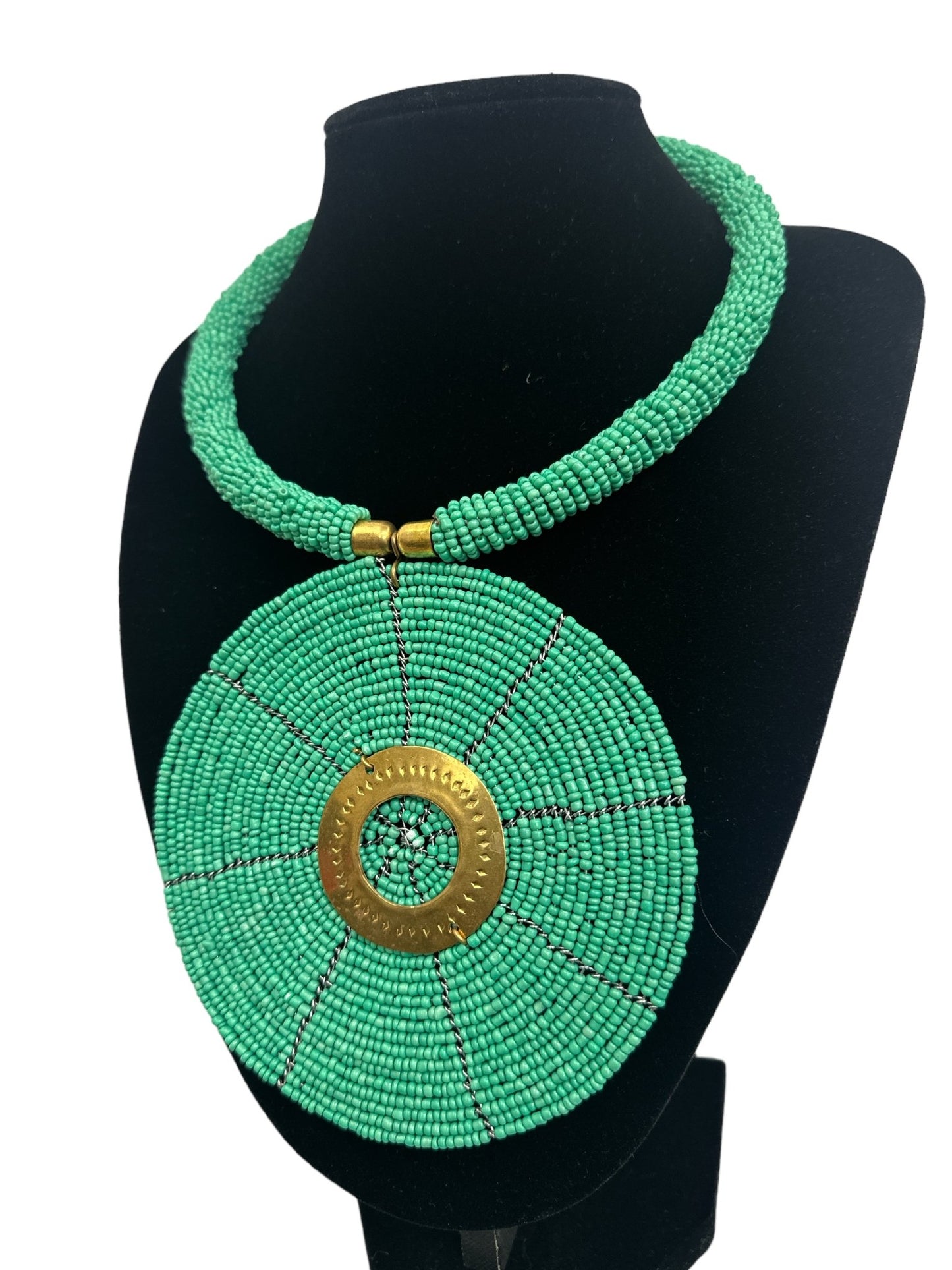 Authentic African Turquoise Beaded Large Disc Pendant Necklace - Fatisha Boutique