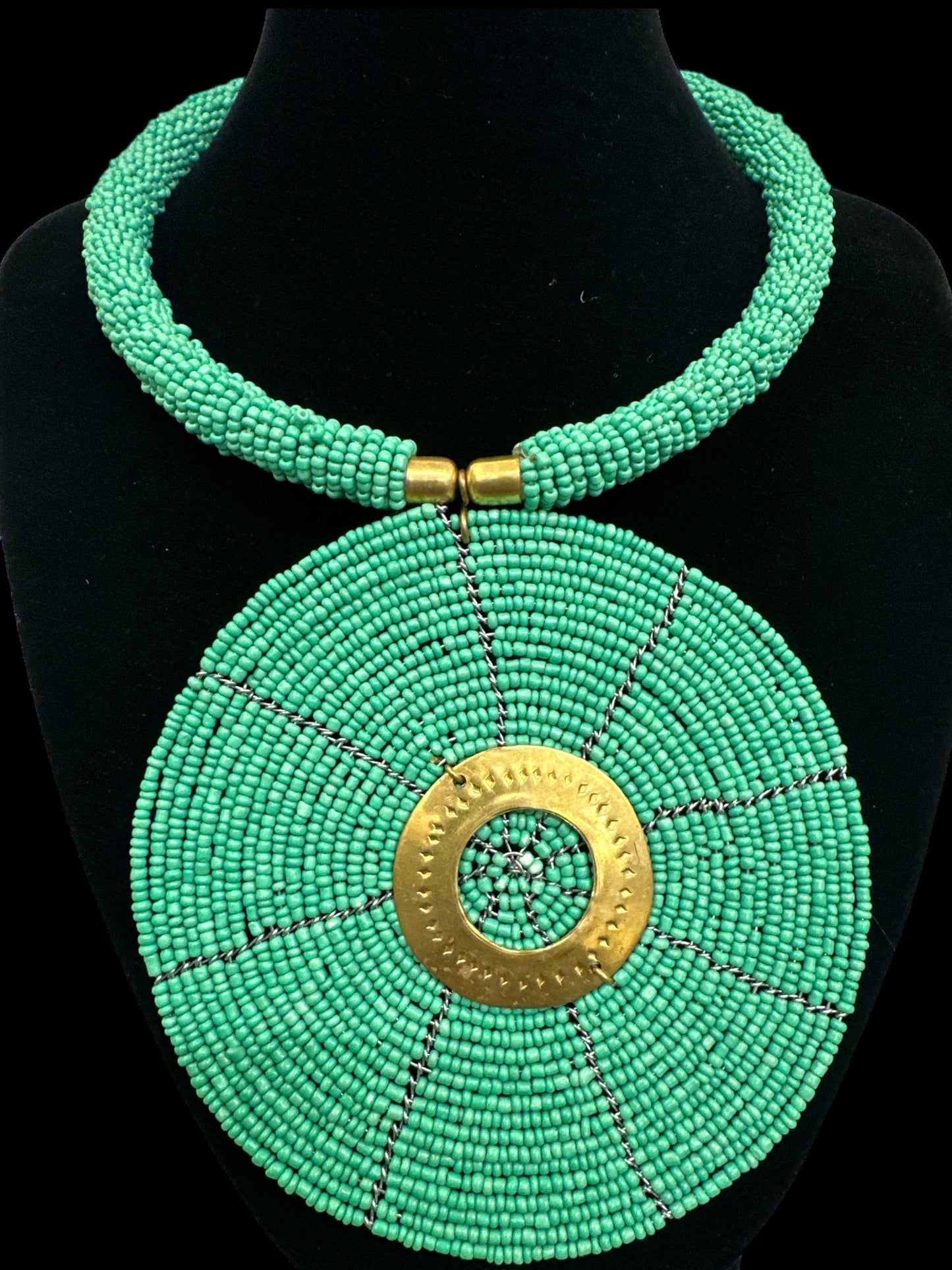 Authentic African Turquoise Beaded Large Disc Pendant Necklace - Fatisha Boutique
