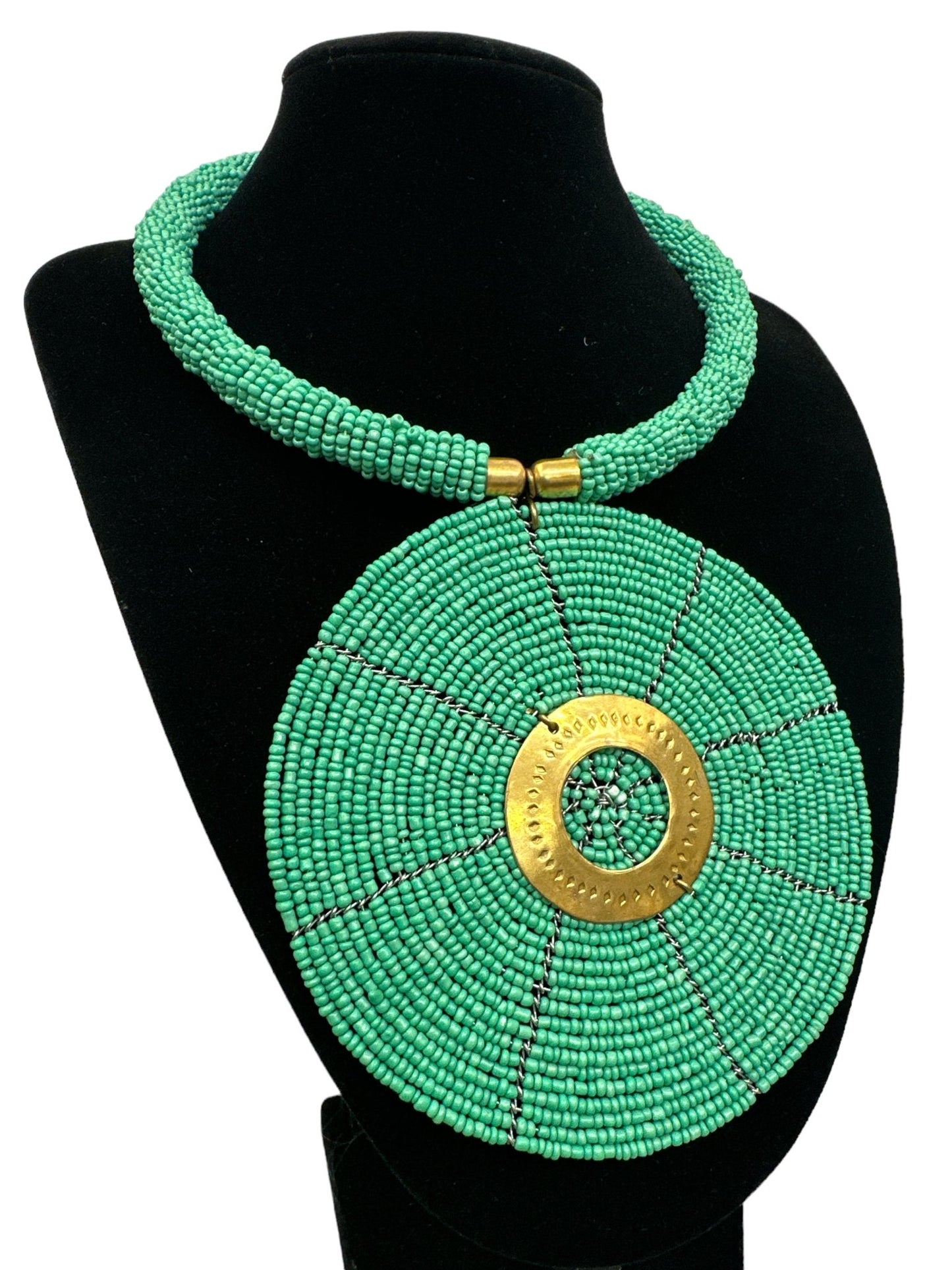 Authentic African Turquoise Beaded Large Disc Pendant Necklace - Fatisha Boutique