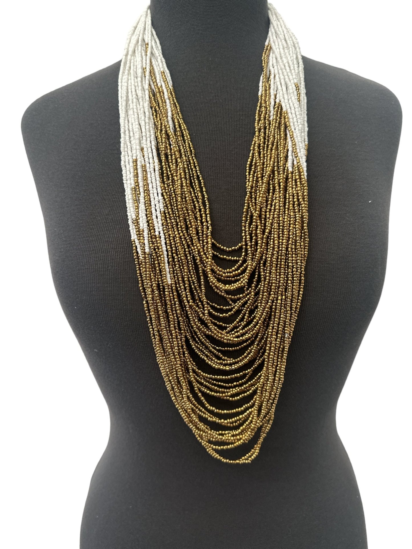 Authentic African White Gold Multilayered Beaded Long Necklaces - Fatisha Boutique