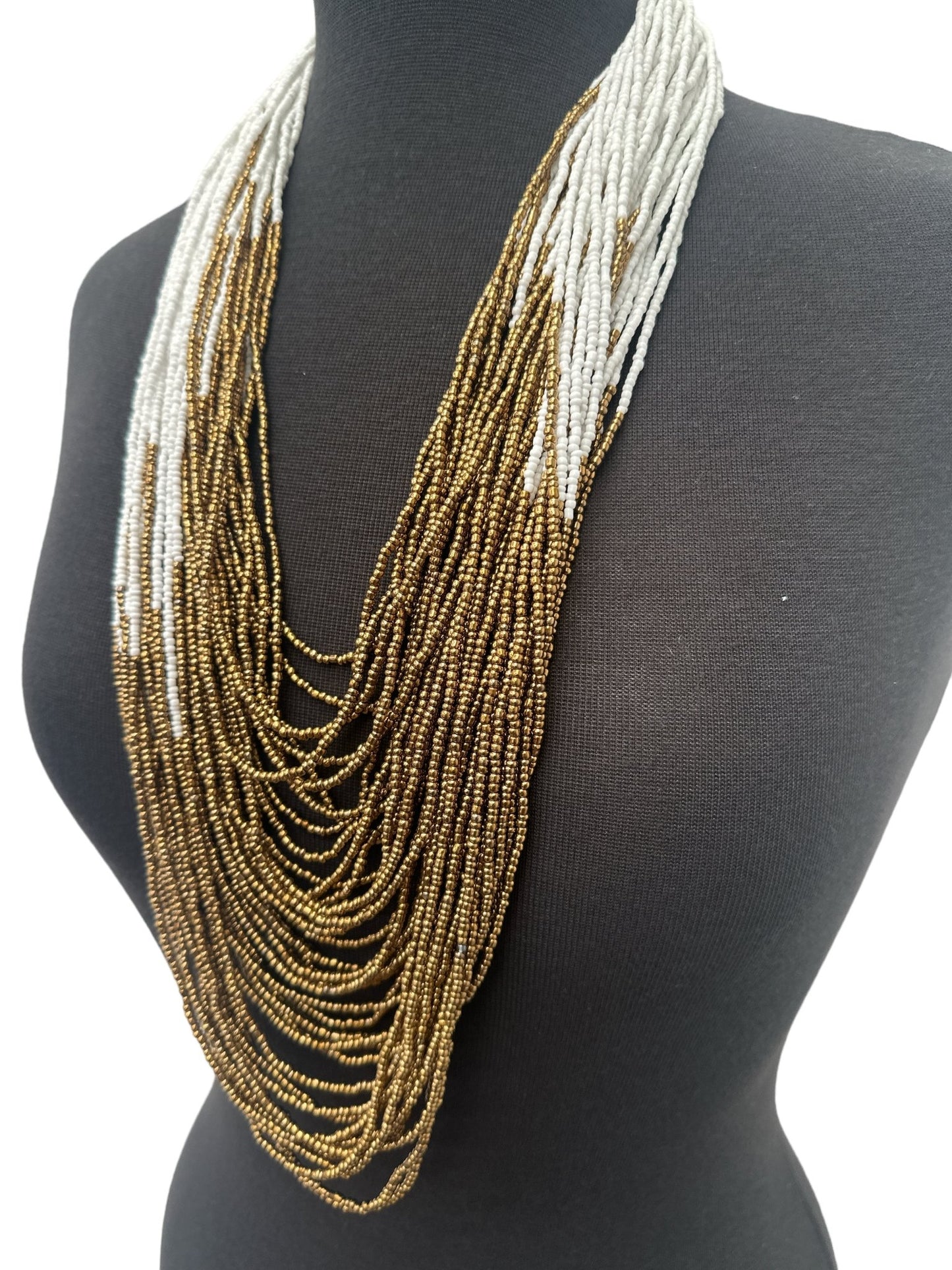 Authentic African White Gold Multilayered Beaded Long Necklaces - Fatisha Boutique