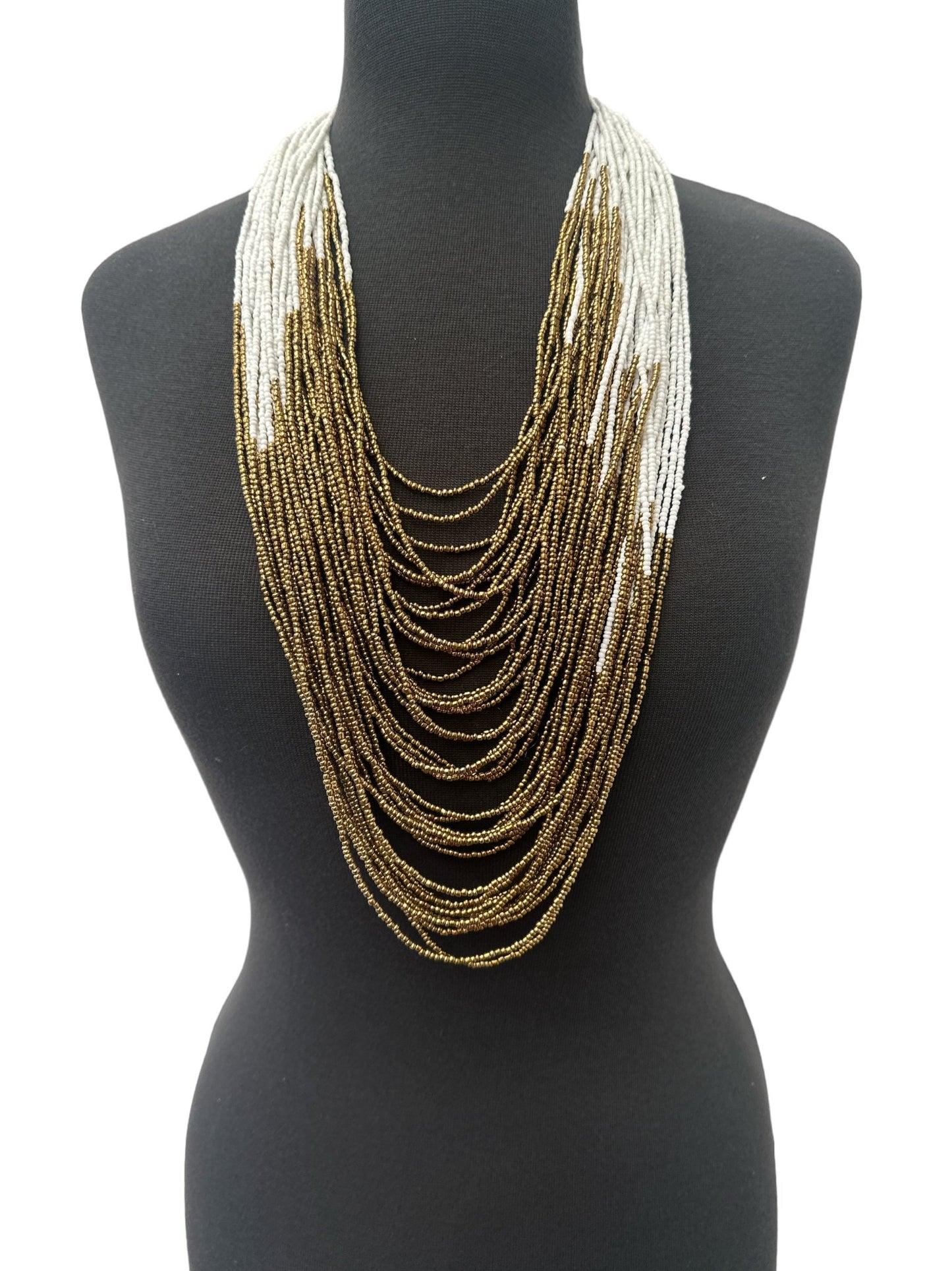 Authentic African White Gold Multilayered Beaded Long Necklaces - Fatisha Boutique